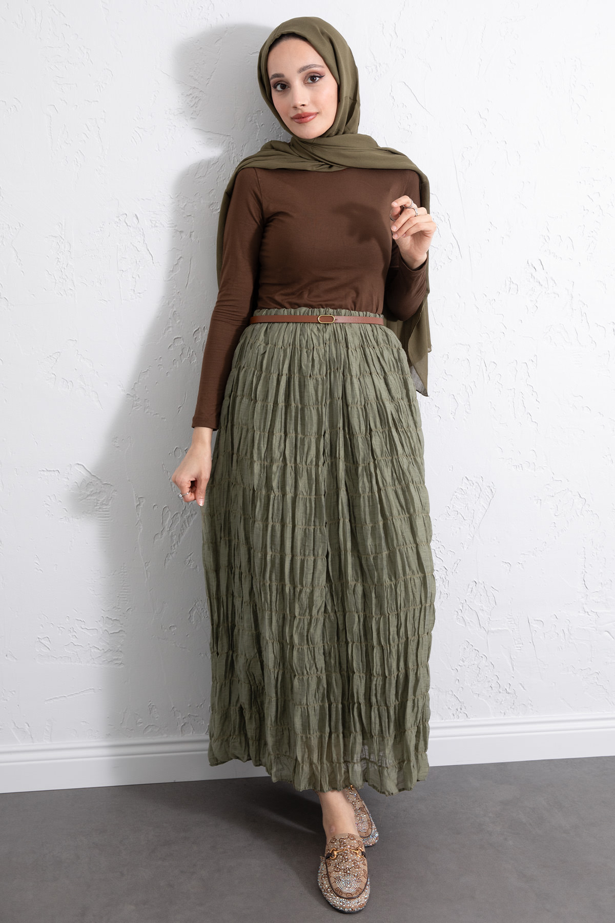 Lastik Bel Gipeli Maxi Etek 0084 - HAKİ |  