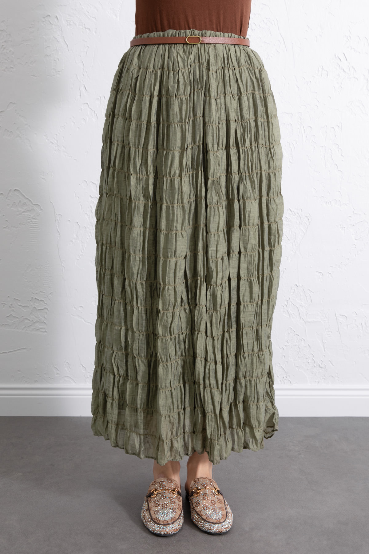 Lastik Bel Gipeli Maxi Etek 0084 - HAKİ |  