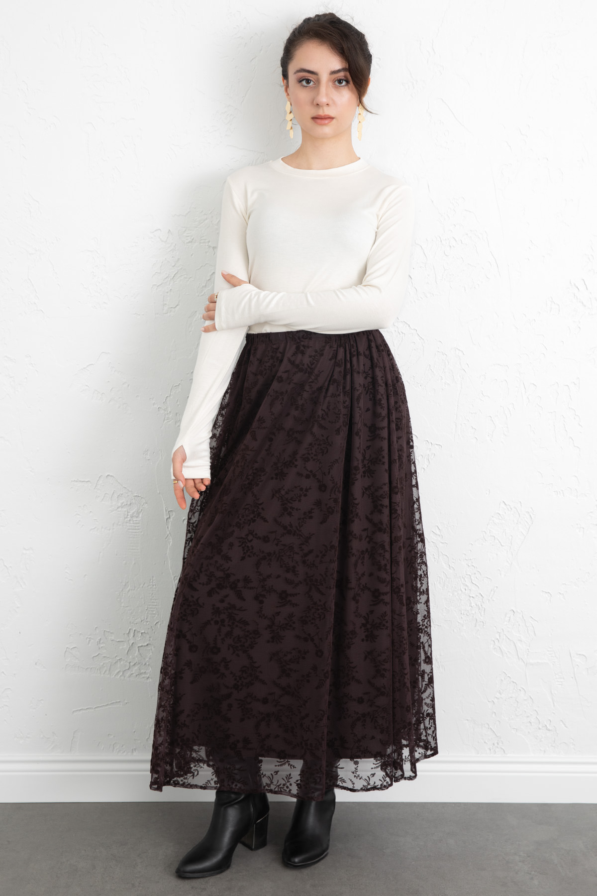 Çiçek Desenli Tül Etek 0085 - KAHVERENGİ |  