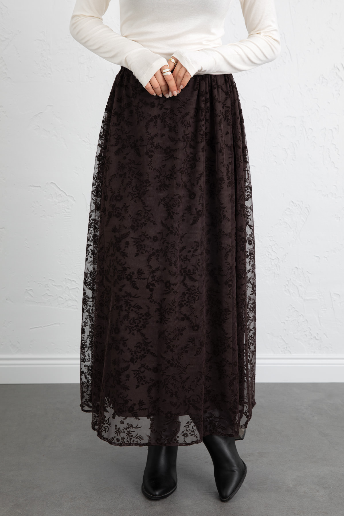 Çiçek Desenli Tül Etek 0085 - KAHVERENGİ |  