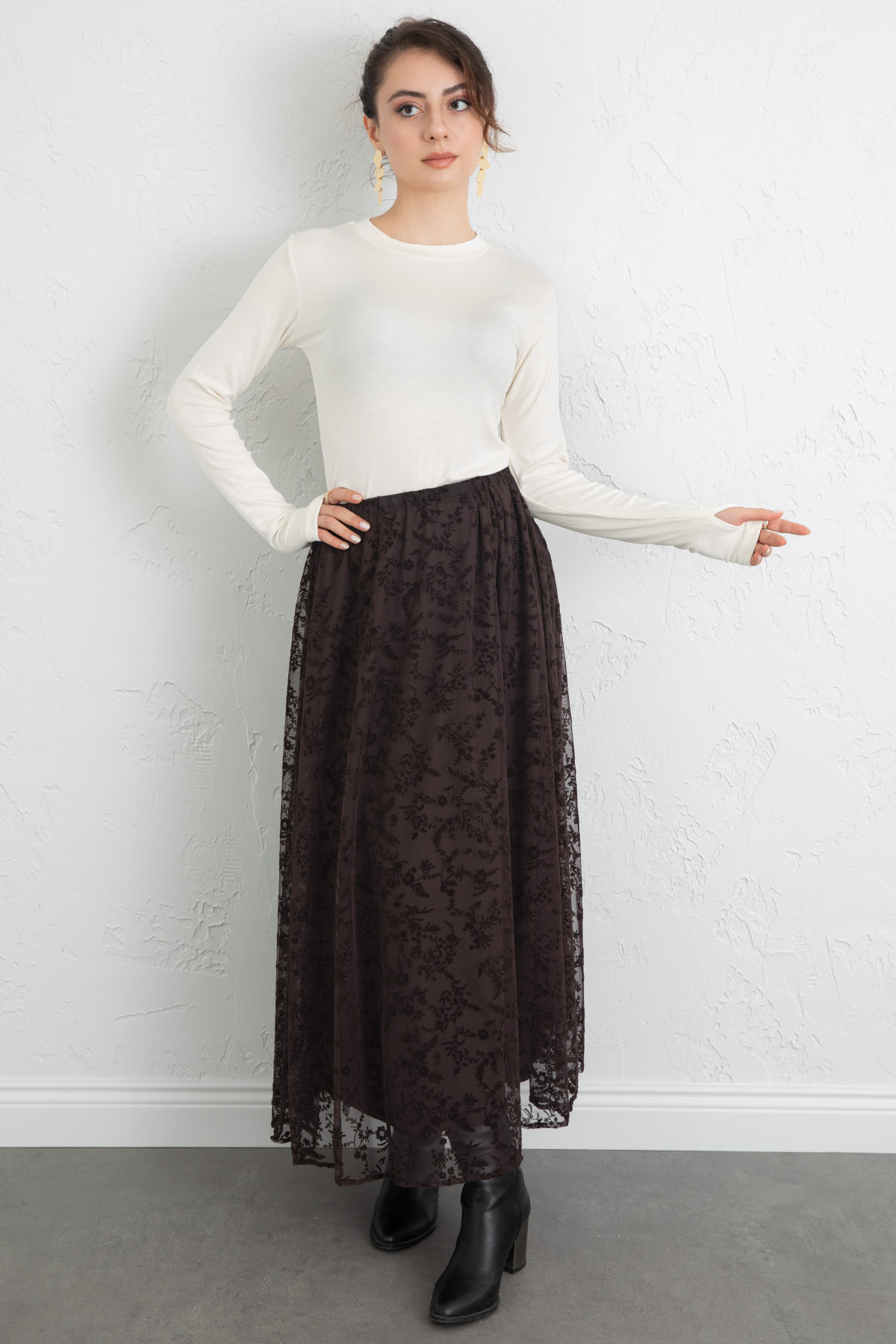 Çiçek Desenli Tül Etek 0085 - KAHVERENGİ |  