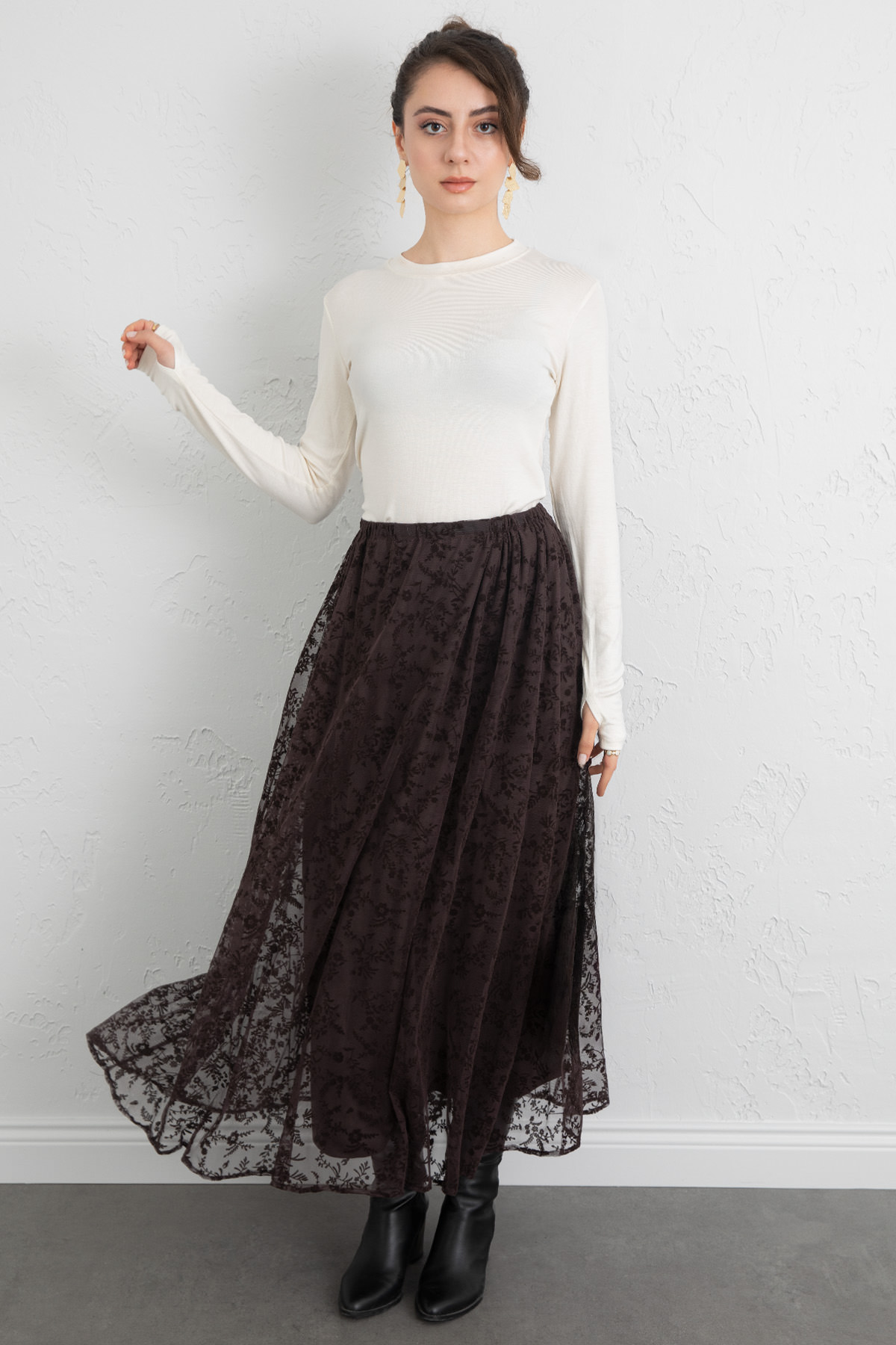 Çiçek Desenli Tül Etek 0085 - KAHVERENGİ |  