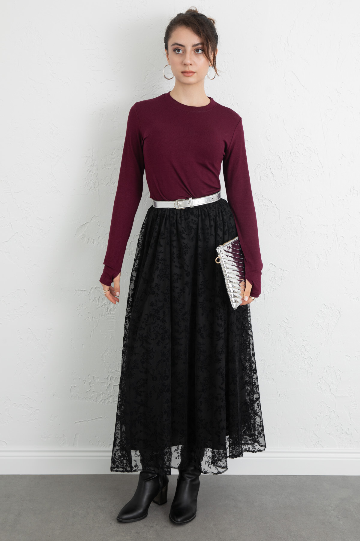 Çiçek Desenli Tül Etek 0085 - SİYAH |  