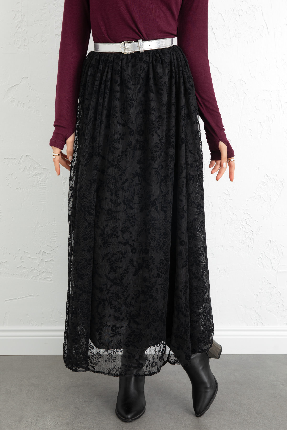 Çiçek Desenli Tül Etek 0085 - SİYAH |  