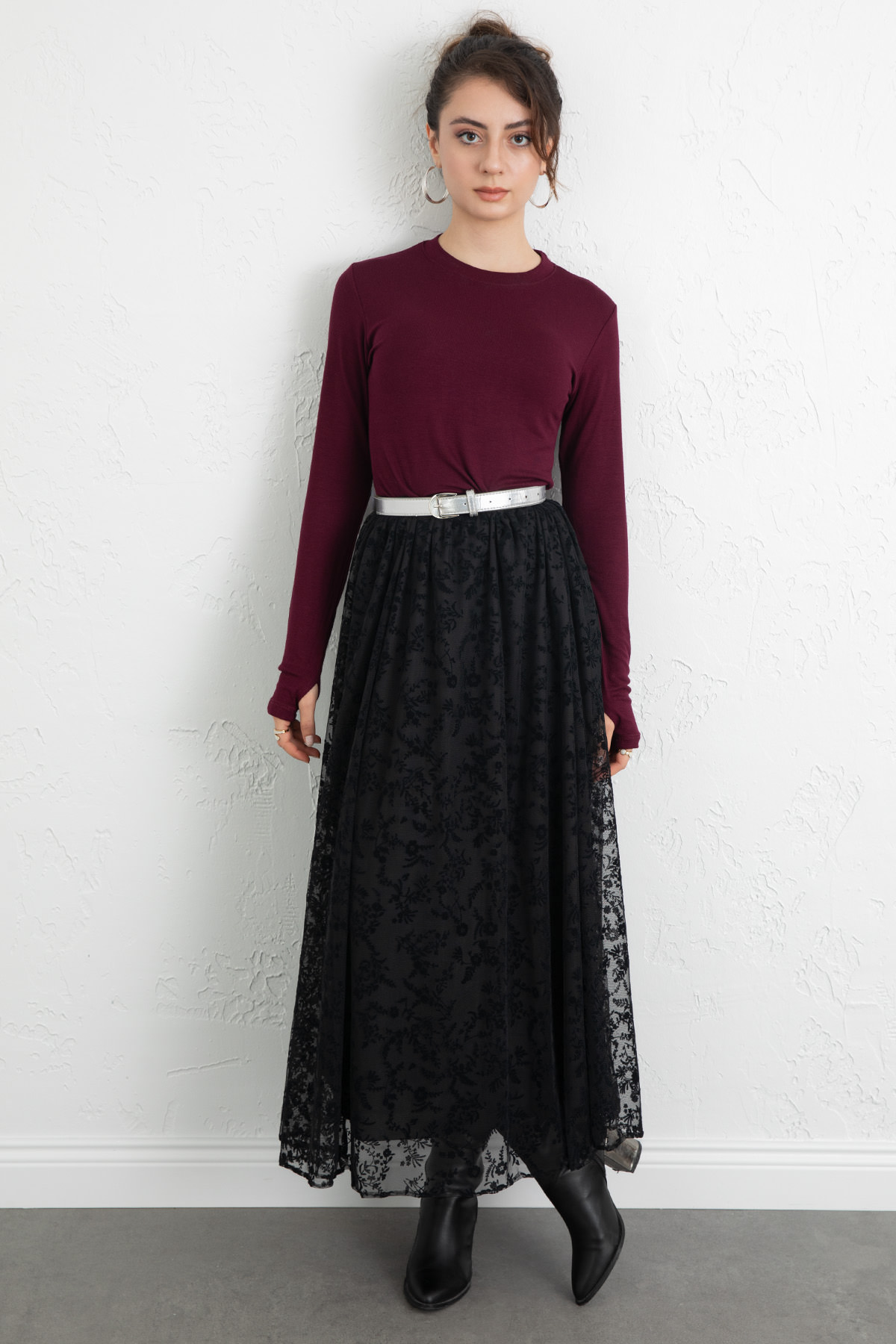 Çiçek Desenli Tül Etek 0085 - SİYAH |  