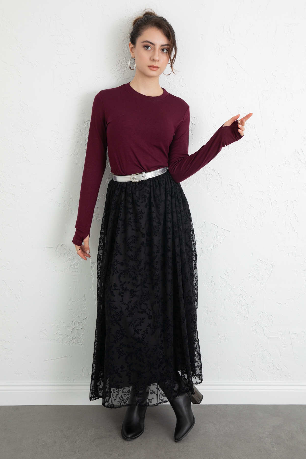 Çiçek Desenli Tül Etek 0085 - SİYAH |  