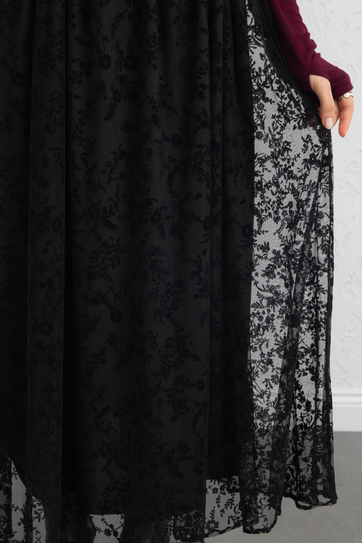 Çiçek Desenli Tül Etek 0085 - SİYAH |  