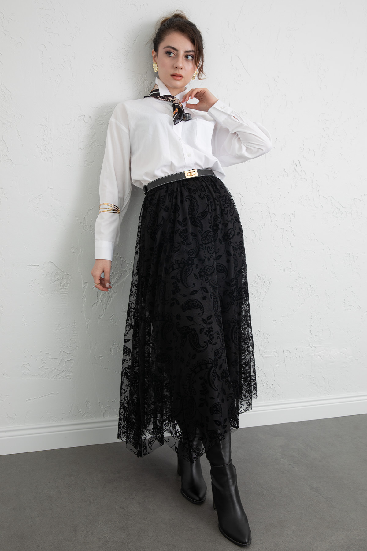 Buta Desenli Asimetrik Tül Etek 0086 - SİYAH |  