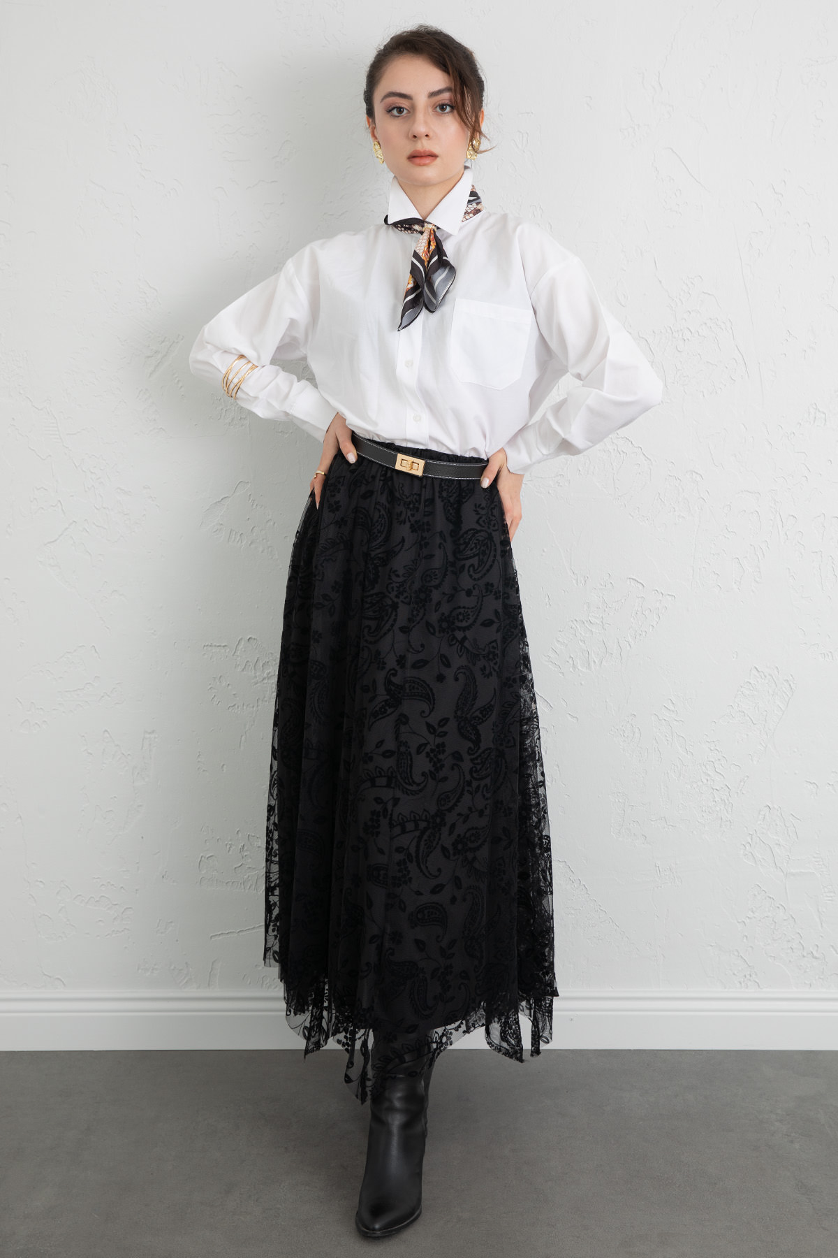 Buta Desenli Asimetrik Tül Etek 0086 - SİYAH |  