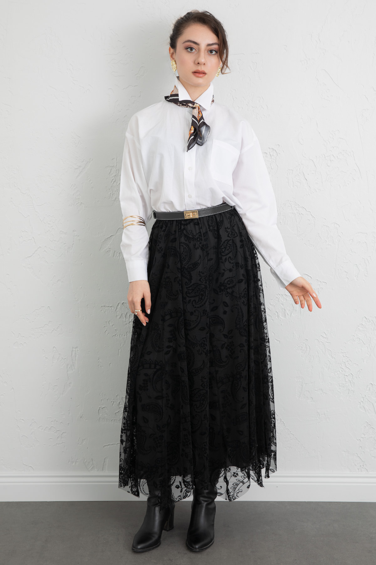 Buta Desenli Asimetrik Tül Etek 0086 - SİYAH |  