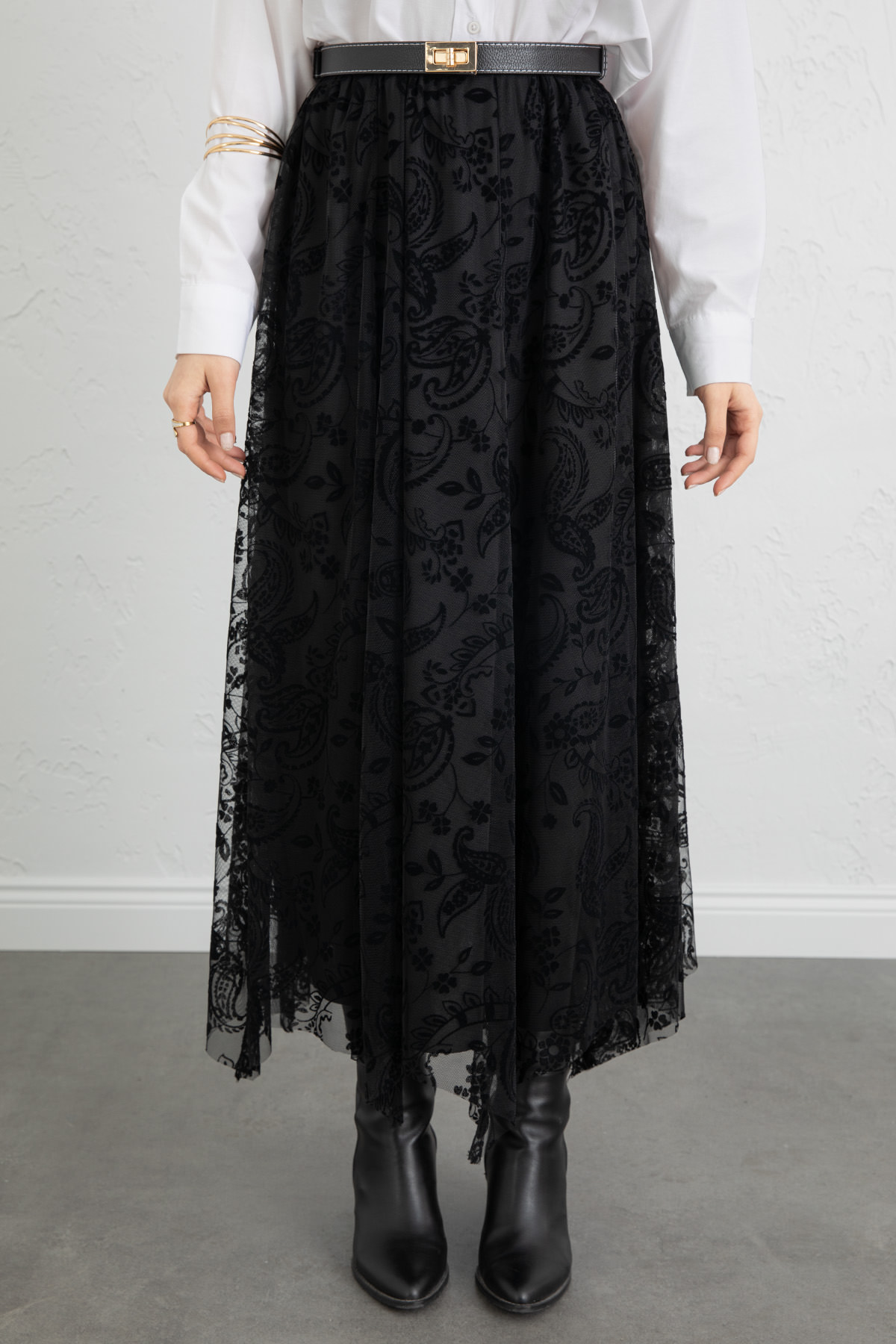 Buta Desenli Asimetrik Tül Etek 0086 - SİYAH |  