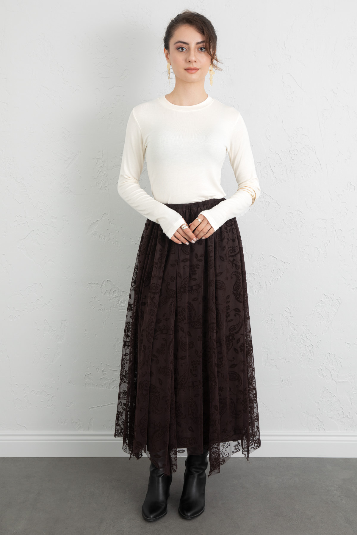 Buta Desenli Asimetrik Tül Etek 0086 - KAHVERENGİ |  