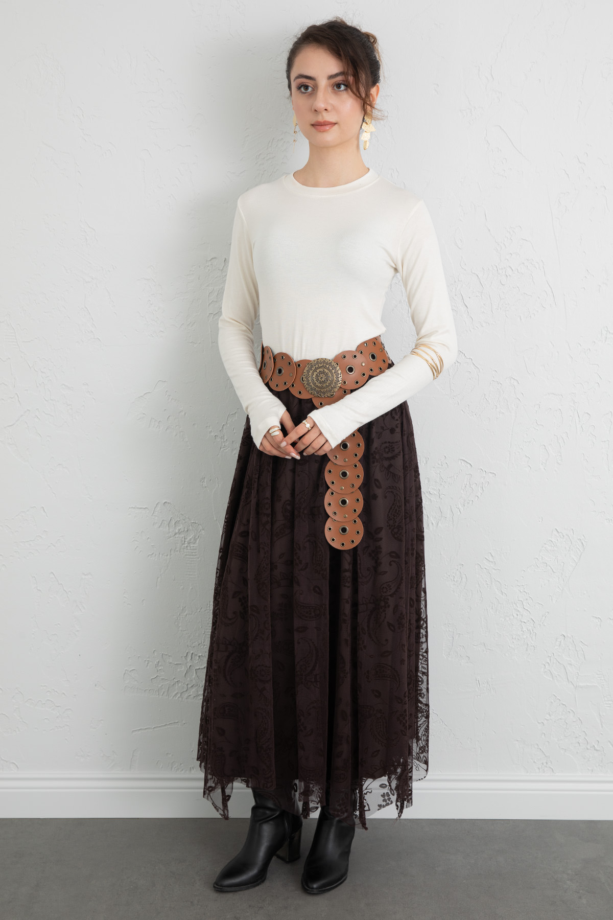 Buta Desenli Asimetrik Tül Etek 0086 - KAHVERENGİ |  