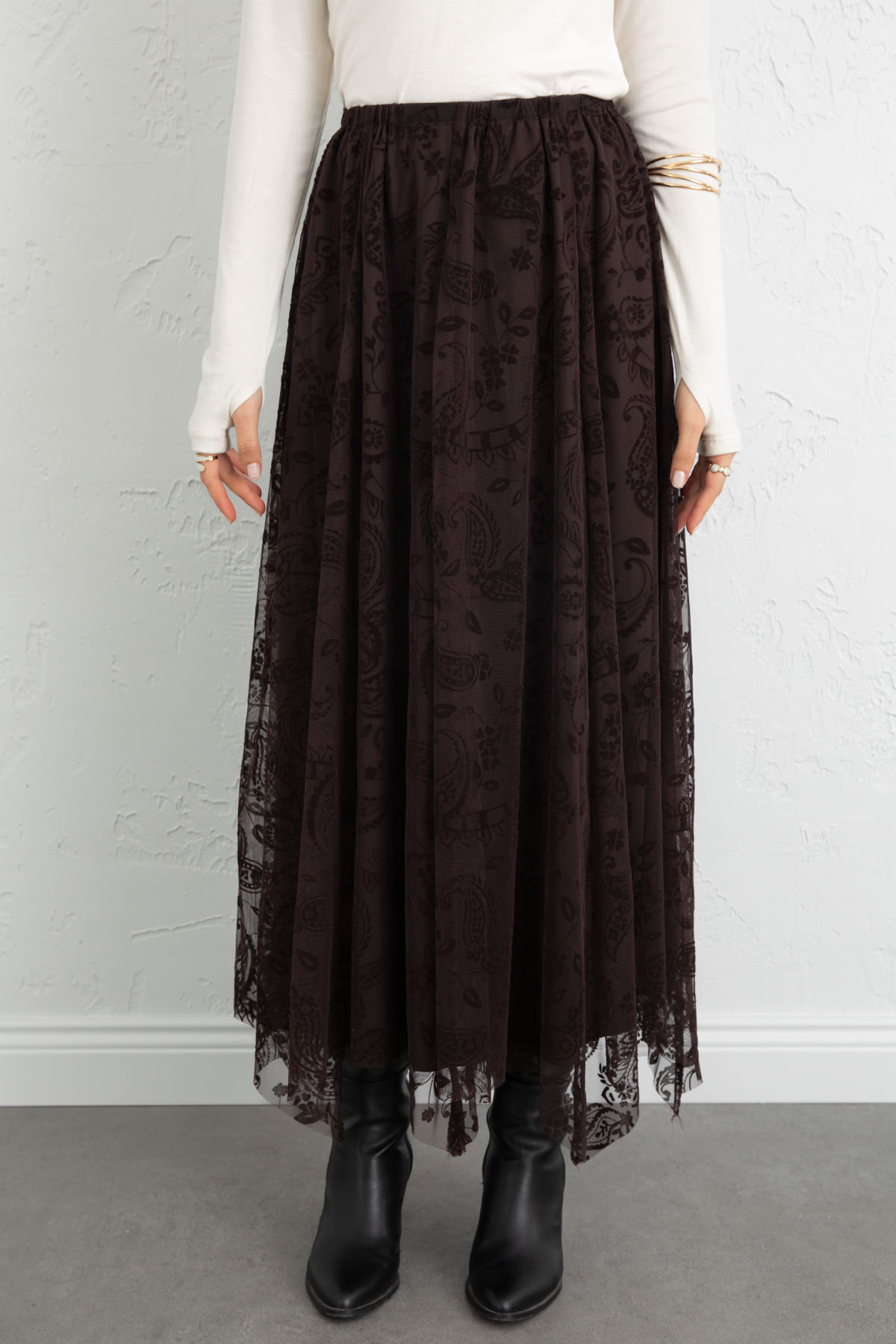 Buta Desenli Asimetrik Tül Etek 0086 - KAHVERENGİ |  