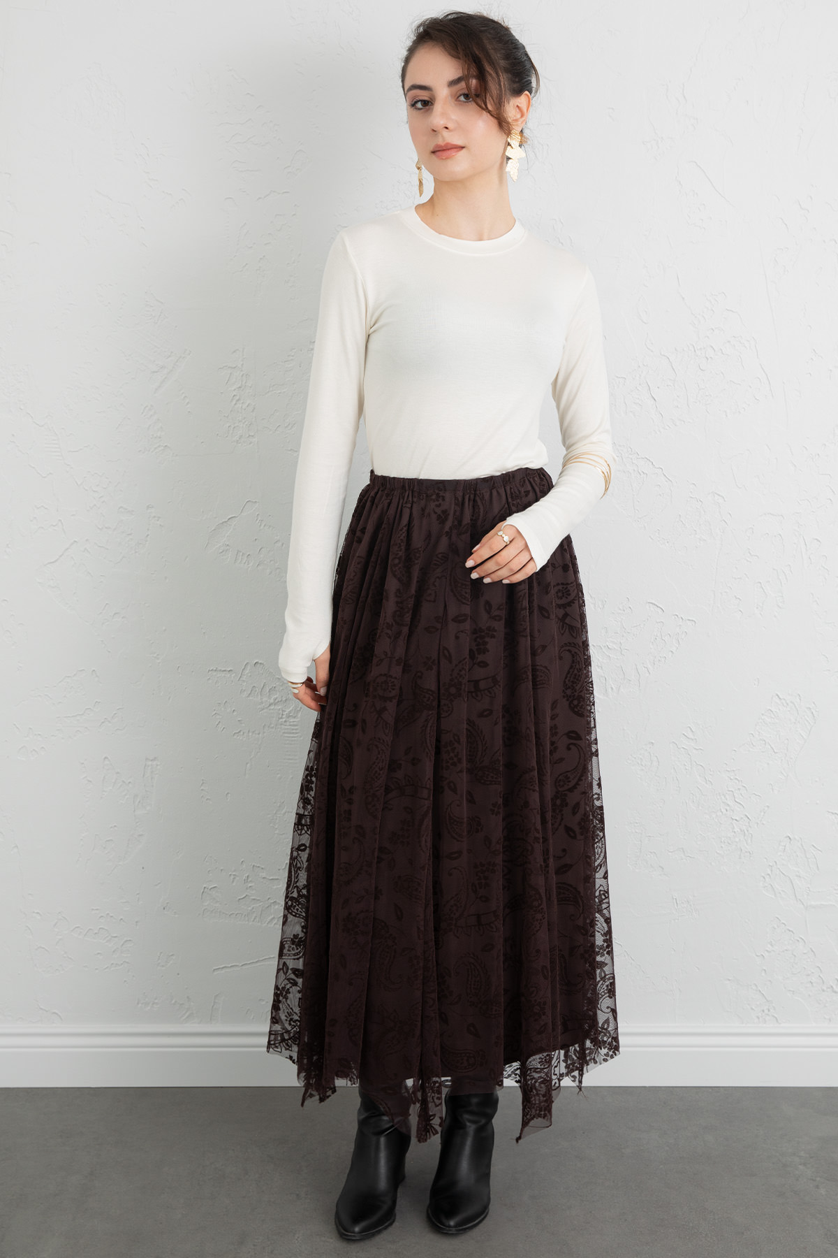 Buta Desenli Asimetrik Tül Etek 0086 - KAHVERENGİ |  