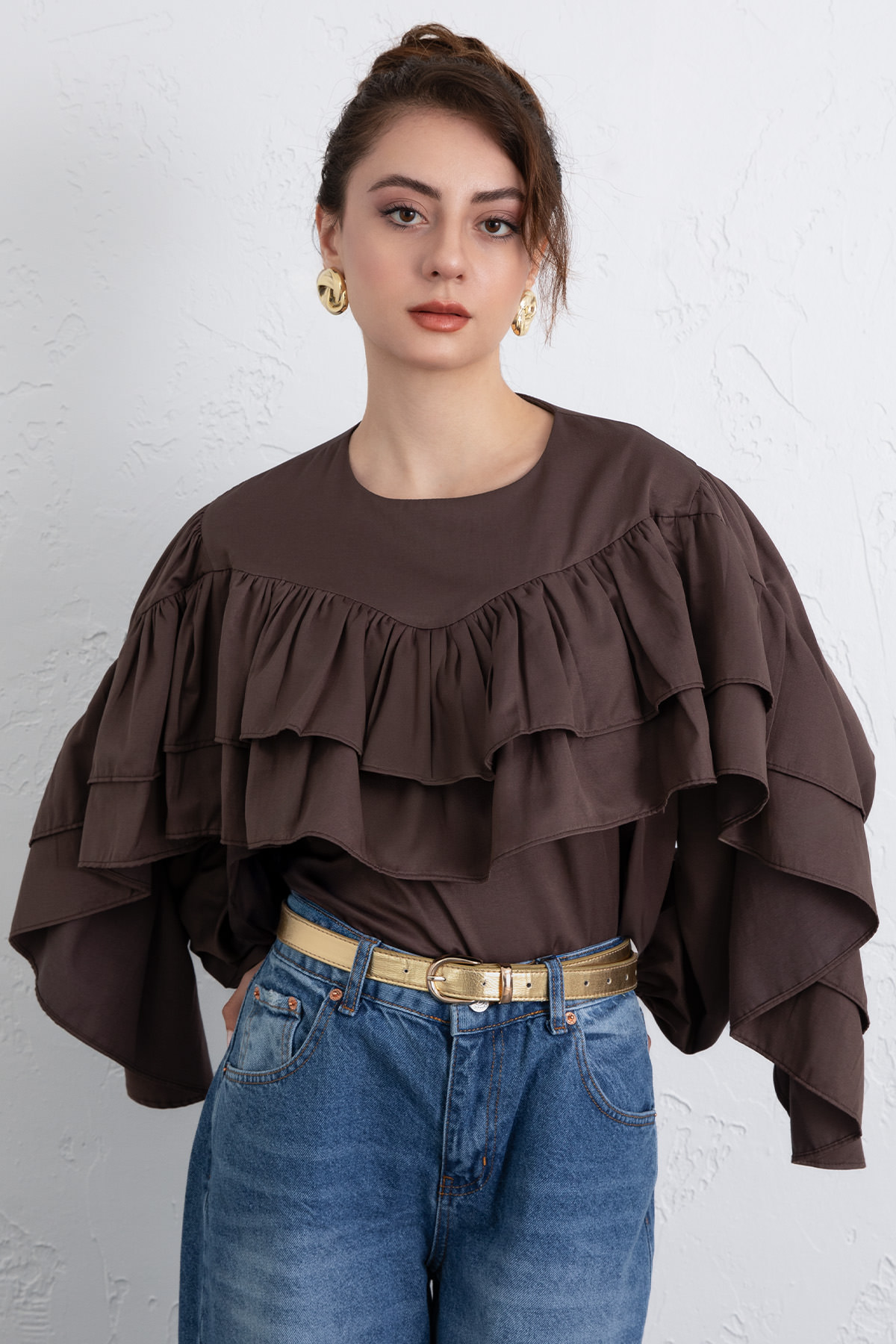 Volan Detay Bluz 0087 - KAHVERENGİ |  