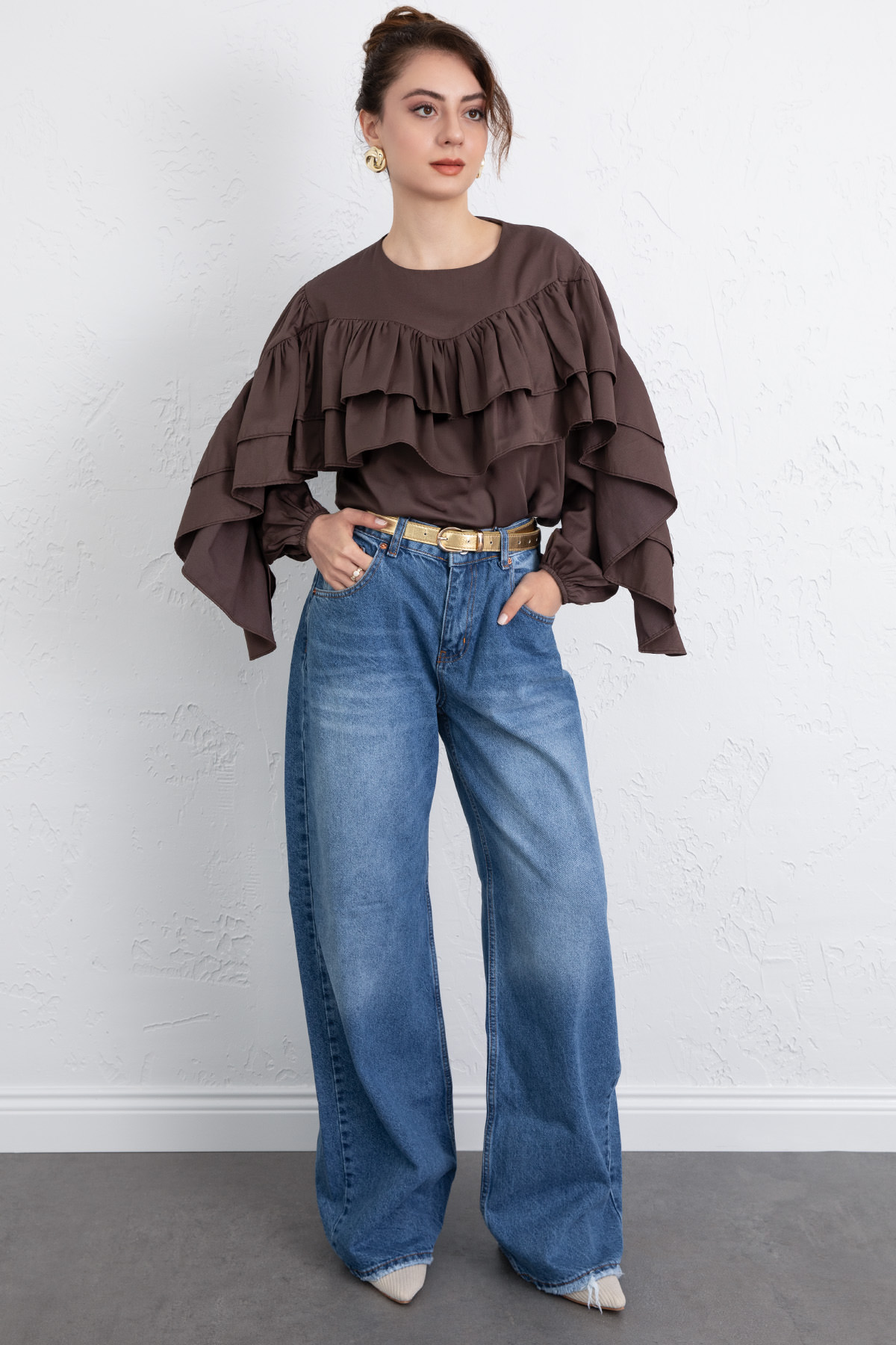 Volan Detay Bluz 0087 - KAHVERENGİ |  