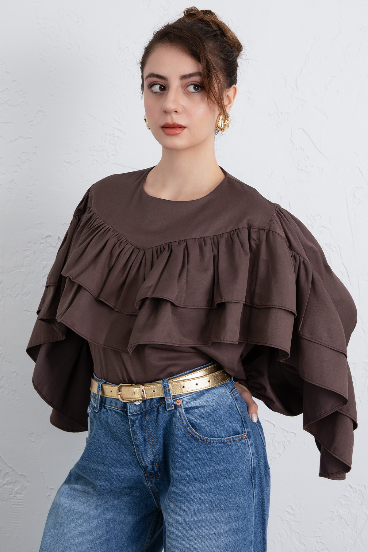 Volan Detay Bluz 0087 - KAHVERENGİ |  