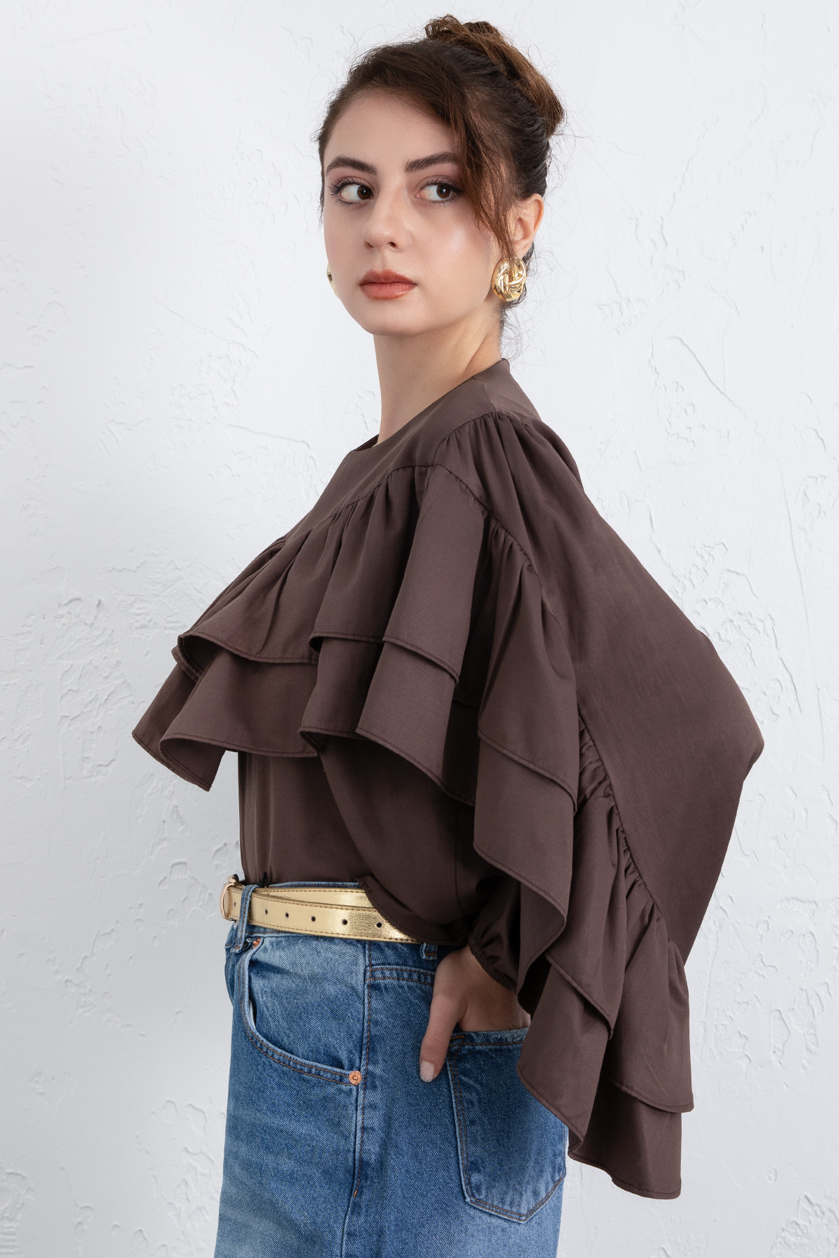 Volan Detay Bluz 0087 - KAHVERENGİ |  