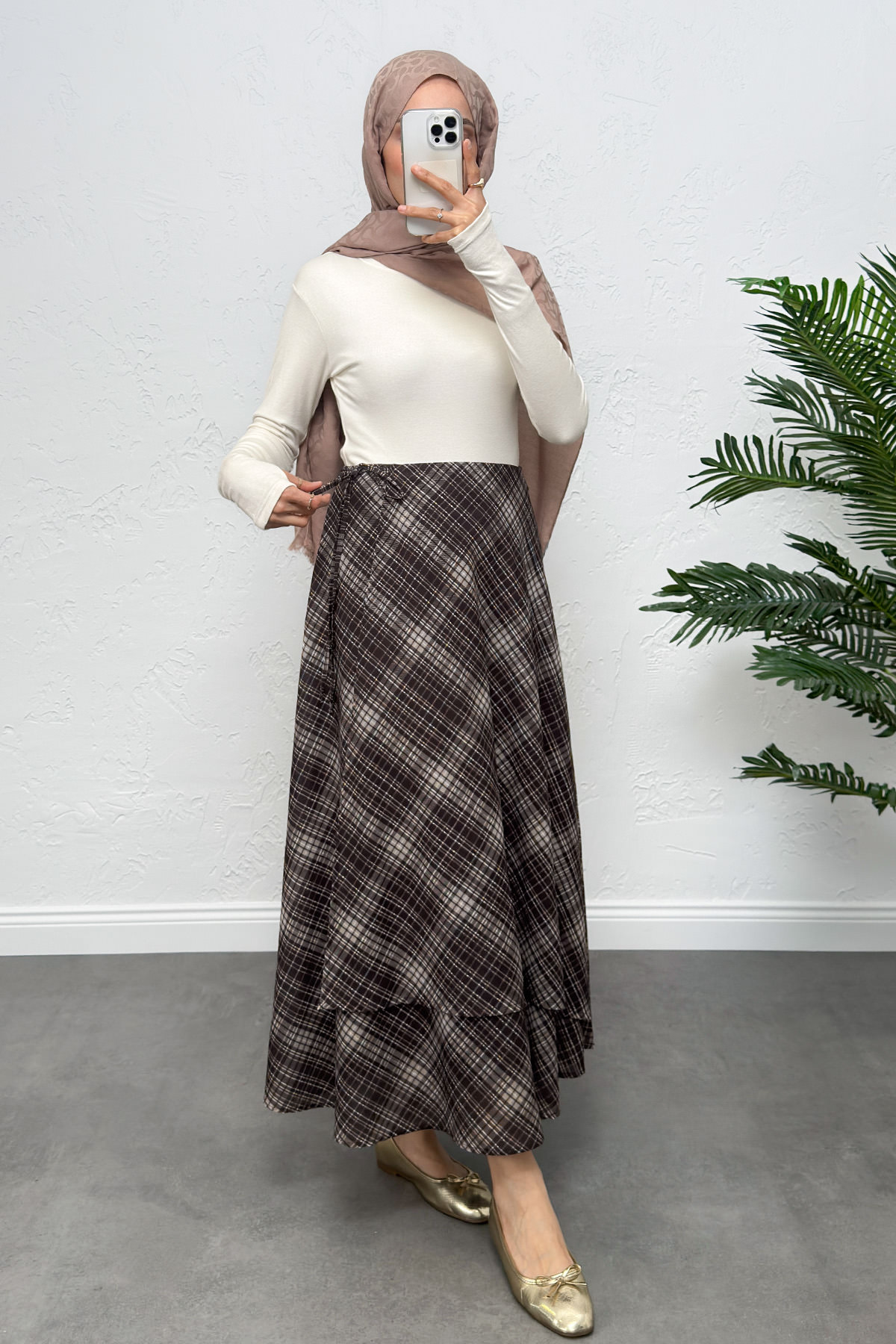 Bağlamalı Ekose Etek 0092 - KAHVERENGİ |  