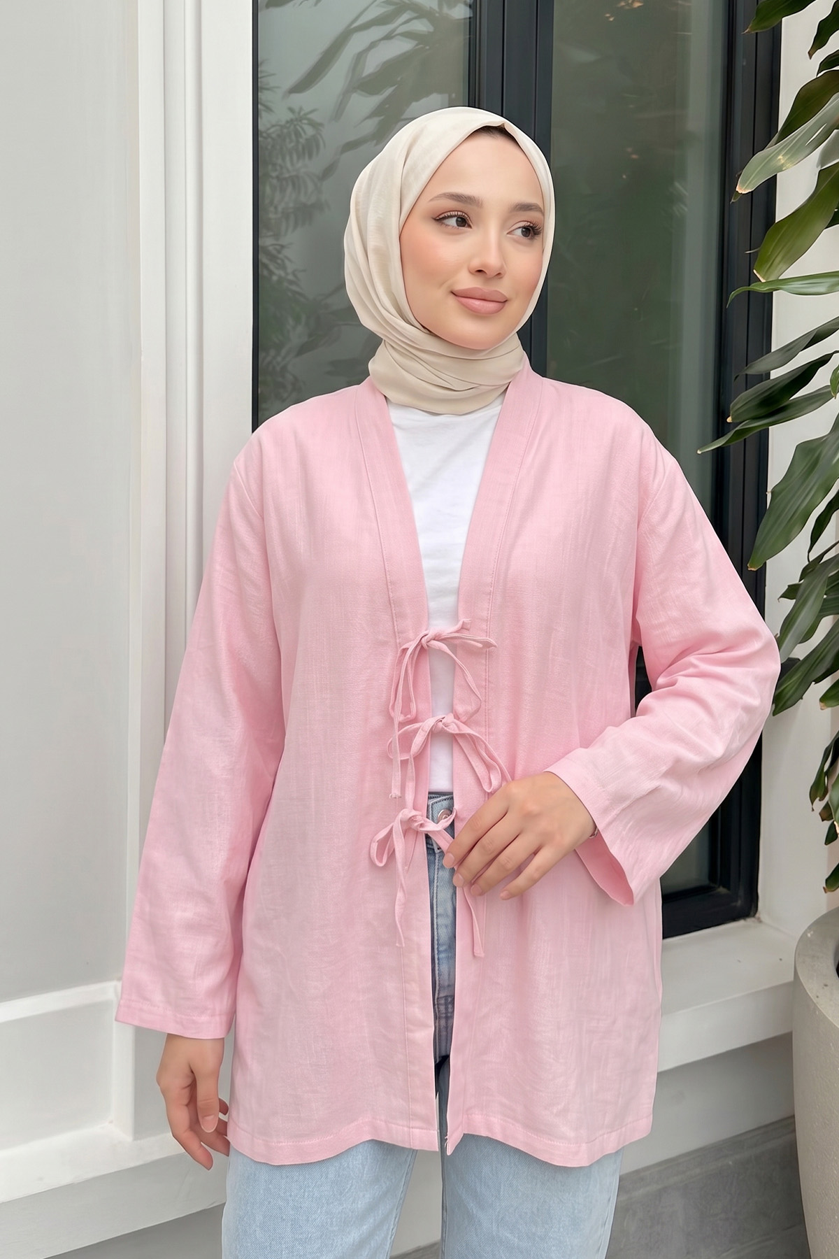 Üç Bağcıklı Tesettür Kimono 2339 - AÇIK PEMBE |  