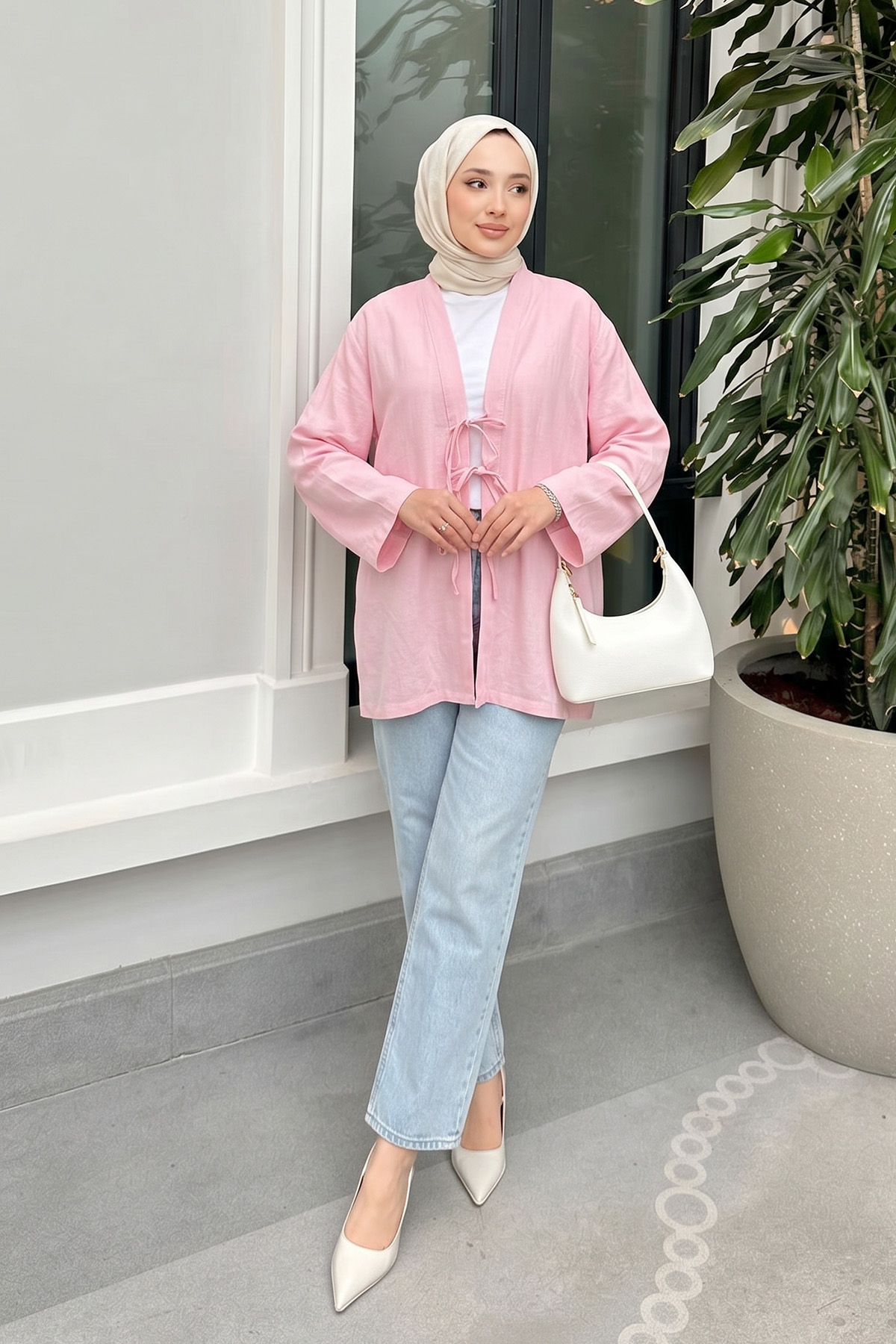 Üç Bağcıklı Tesettür Kimono 2339 - AÇIK PEMBE |  