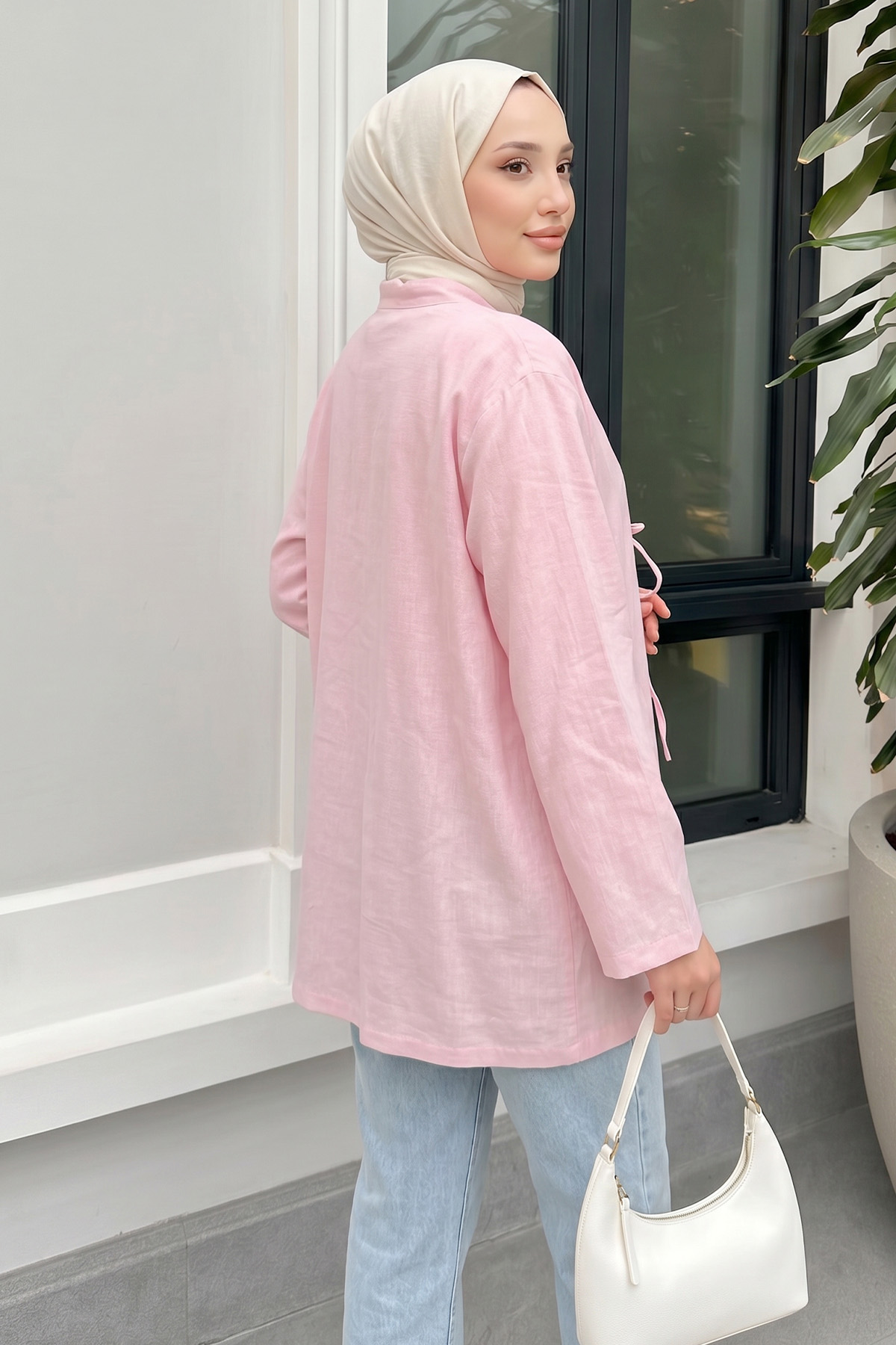 Üç Bağcıklı Tesettür Kimono 2339 - AÇIK PEMBE |  