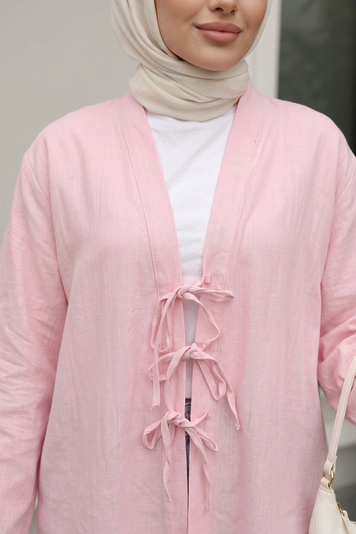 Üç Bağcıklı Tesettür Kimono 2339 - AÇIK PEMBE |  