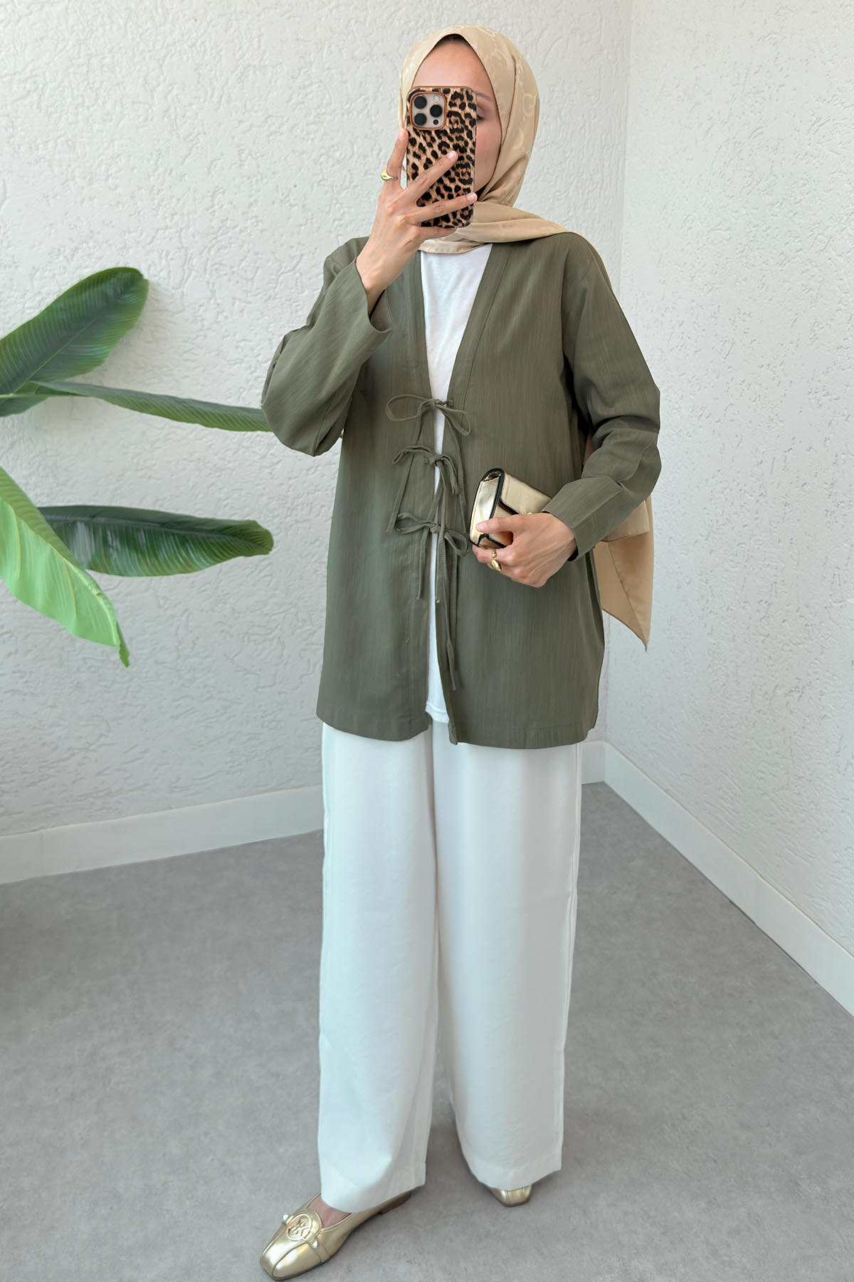 Üç Bağcıklı Tesettür Kimono 2339 - HAKİ |  