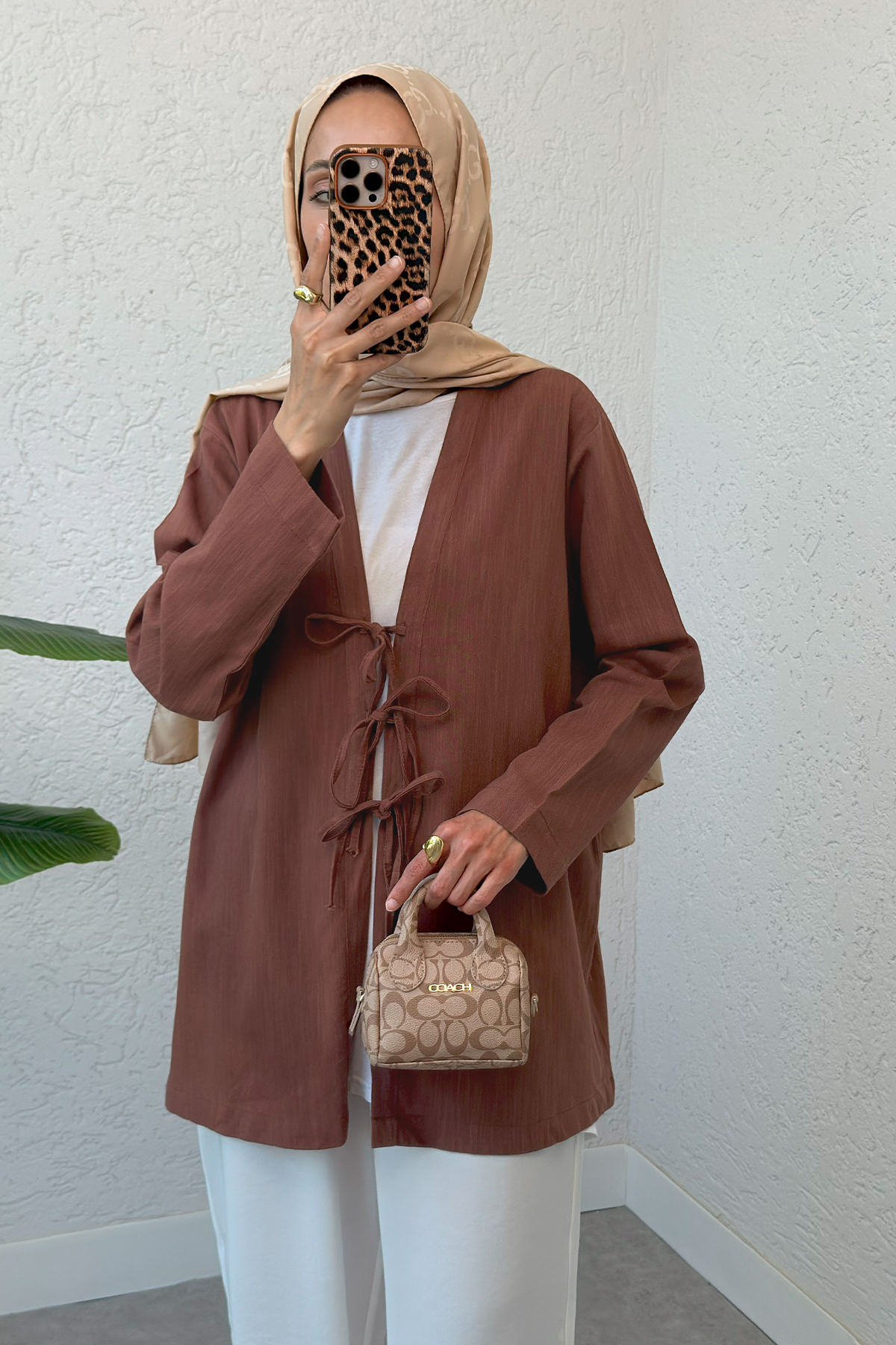 Üç Bağcıklı Tesettür Kimono 2339 - KAHVERENGİ |  