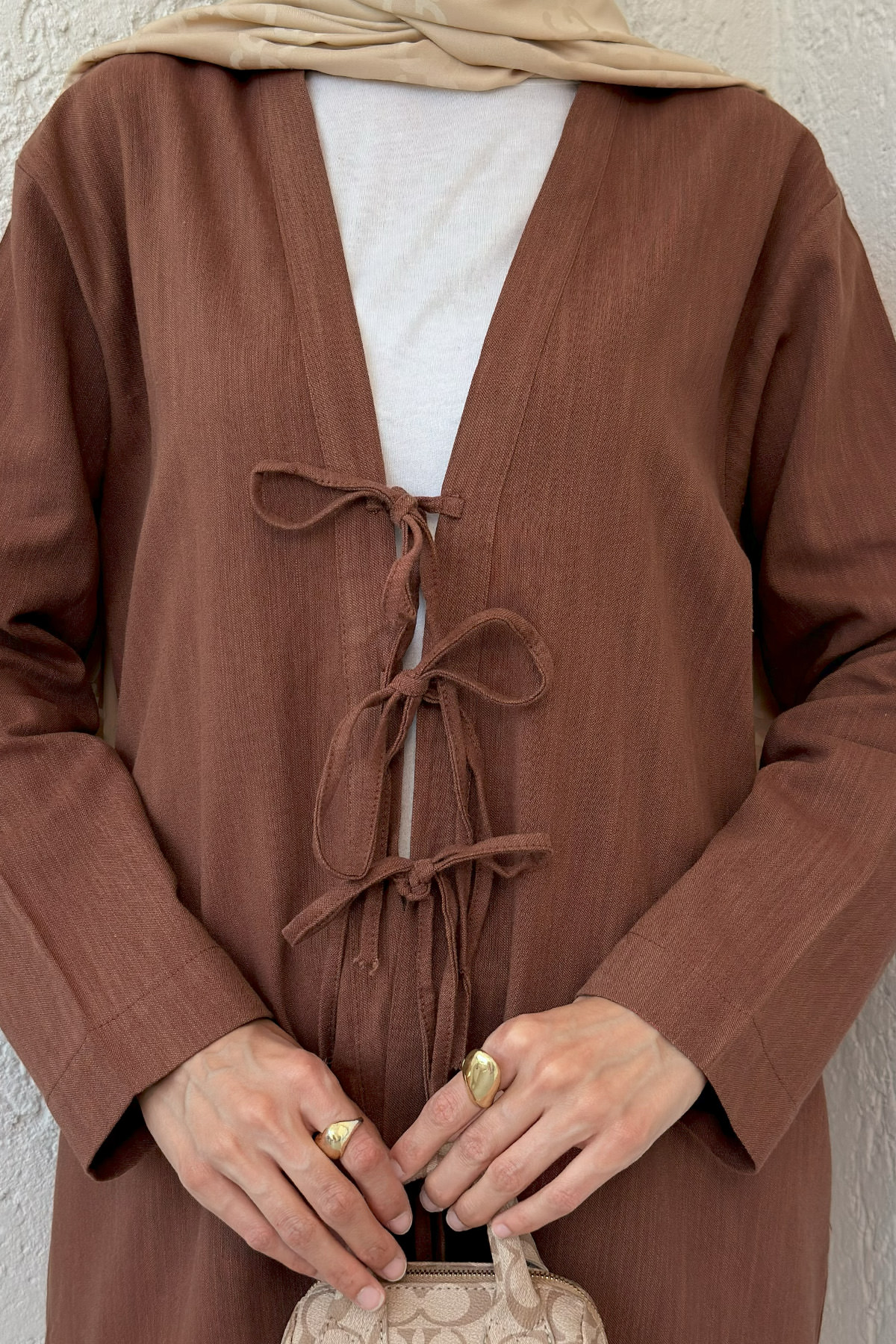 Üç Bağcıklı Tesettür Kimono 2339 - KAHVERENGİ |  