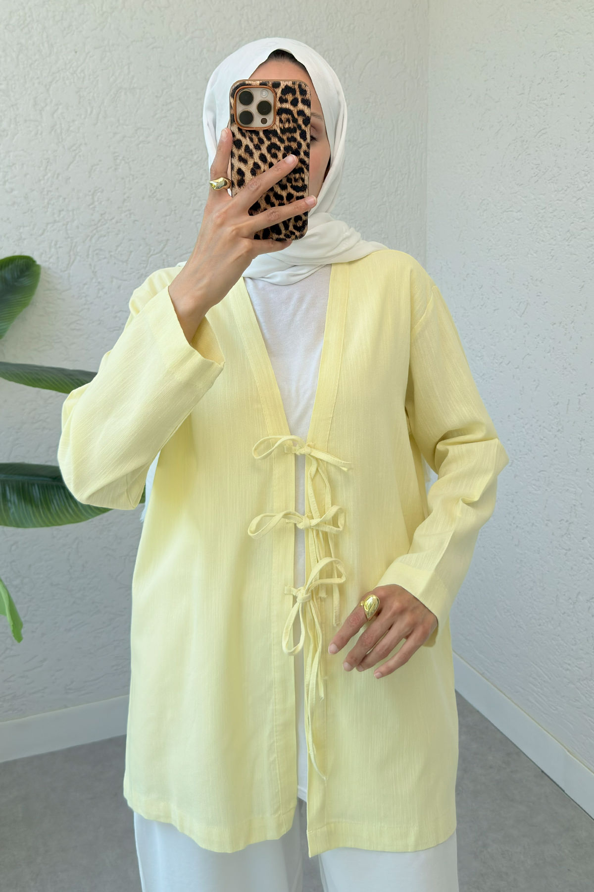 Üç Bağcıklı Tesettür Kimono 2339 - SARI |  