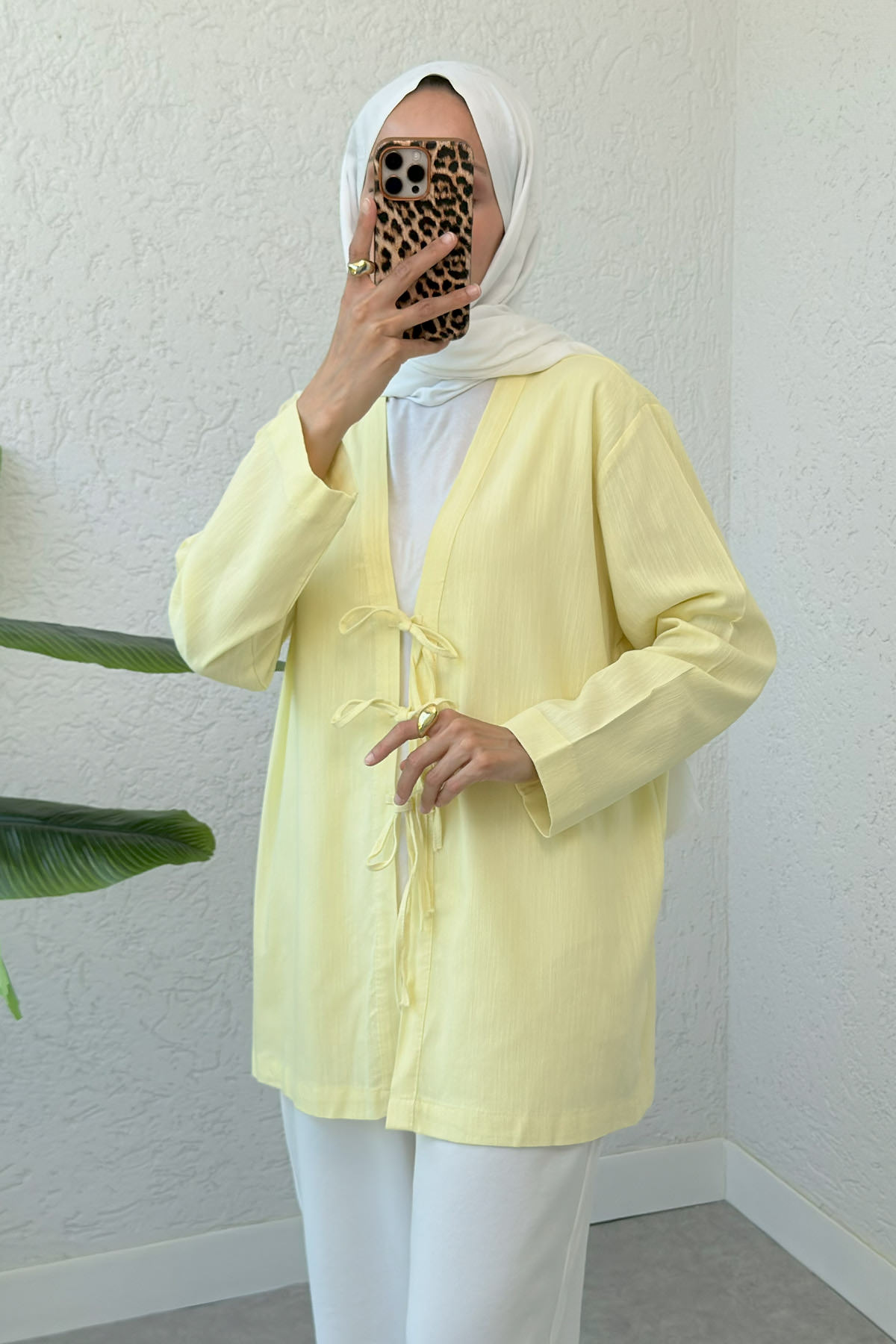 Üç Bağcıklı Tesettür Kimono 2339 - SARI |  