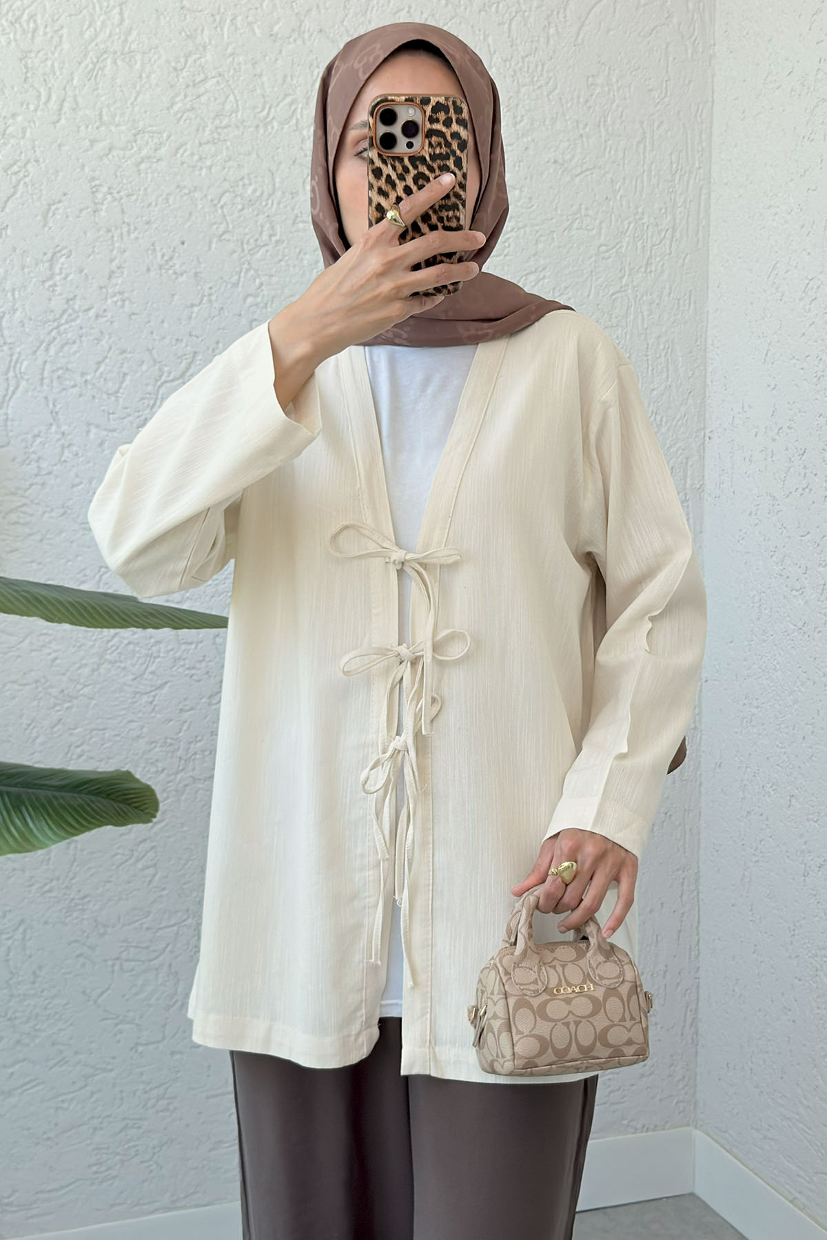 Üç Bağcıklı Tesettür Kimono 2339 - BEJ |  