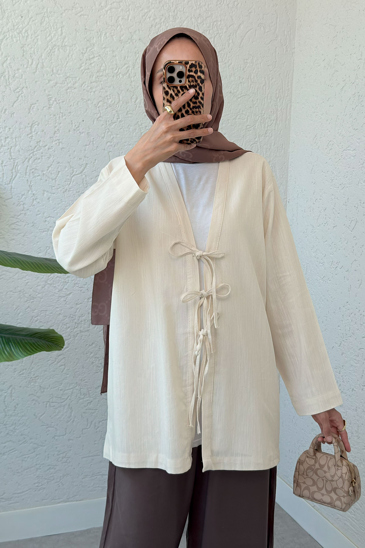 Üç Bağcıklı Tesettür Kimono 2339 - BEJ |  