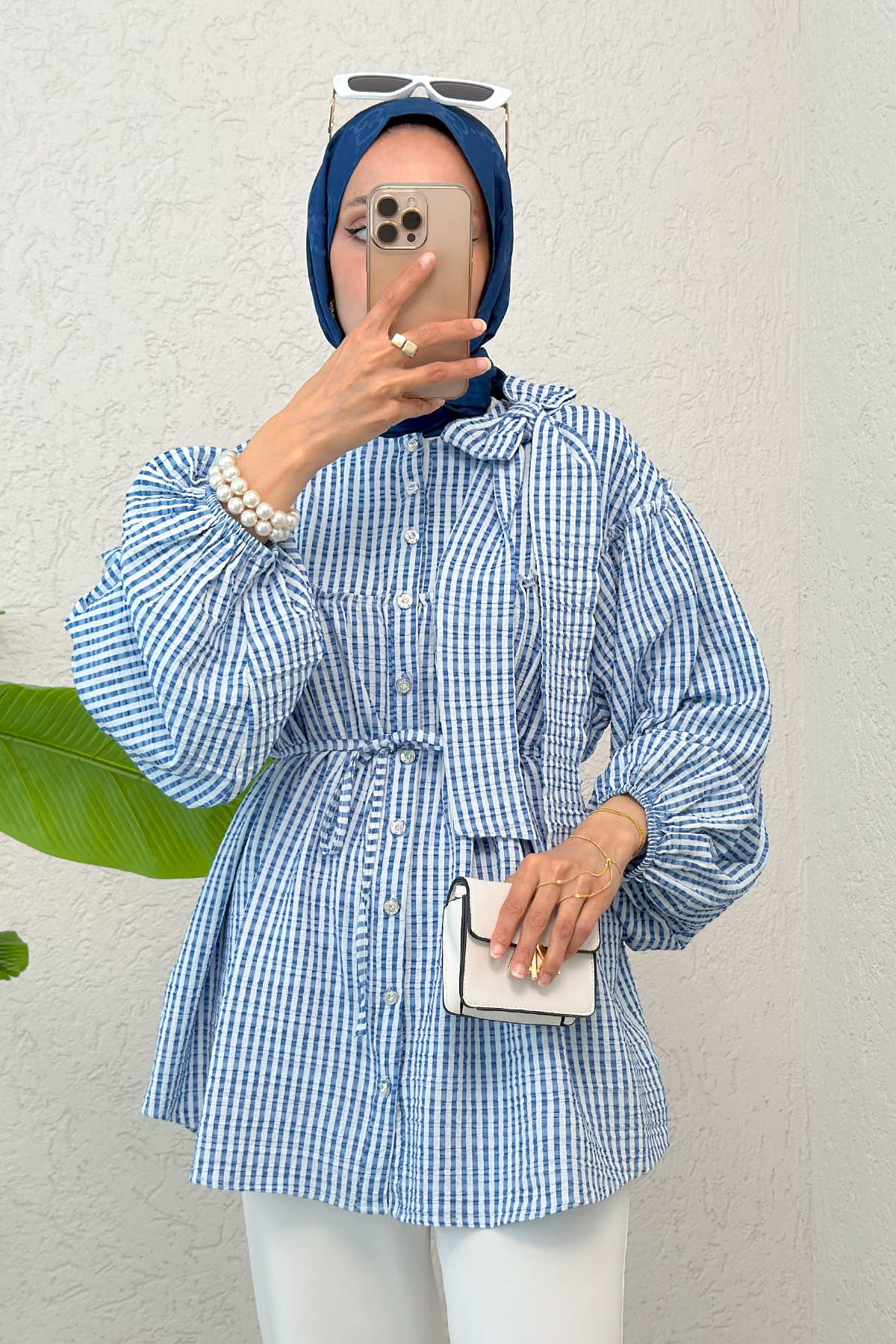 Çizgili Omuz Fiyonklu Tunik 2309 - MAVİ |  