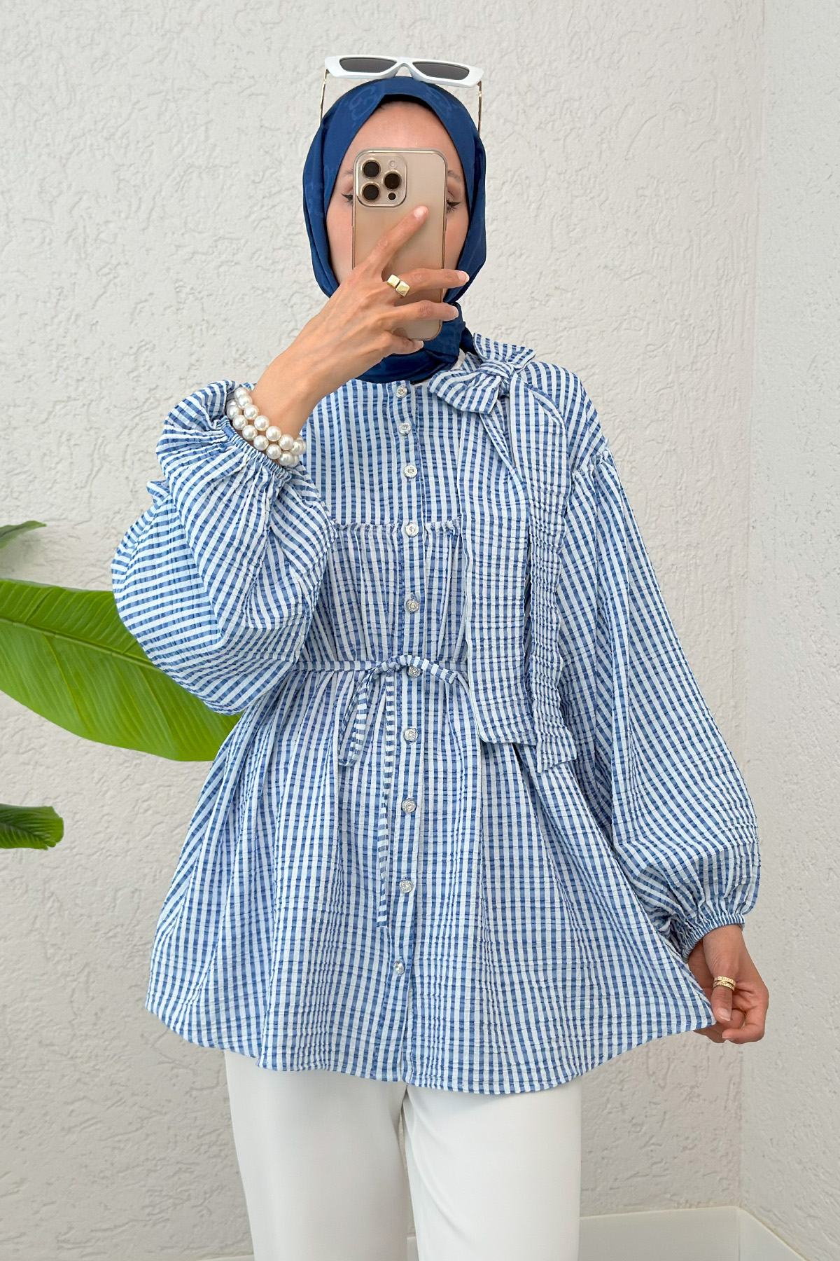 Çizgili Omuz Fiyonklu Tunik 2309 - MAVİ |  