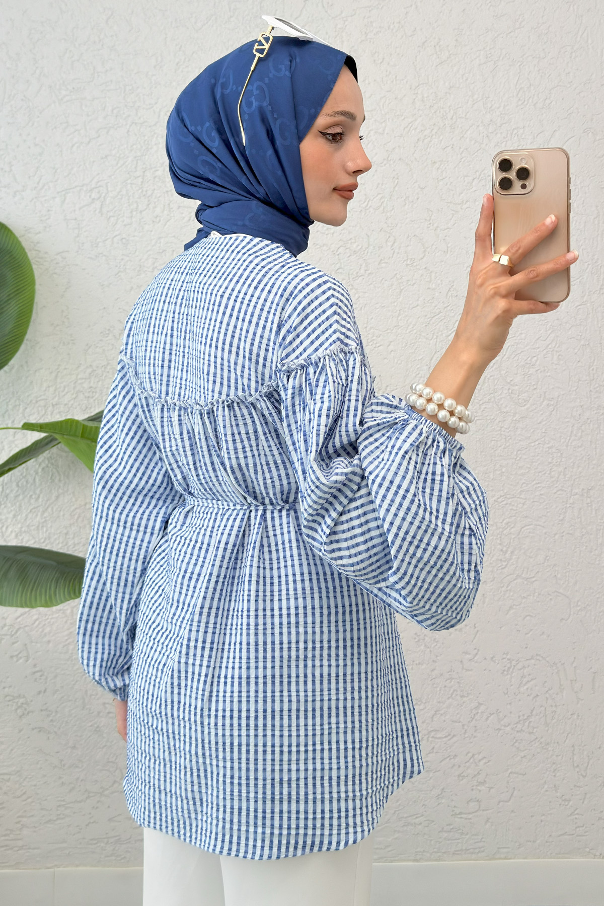 Çizgili Omuz Fiyonklu Tunik 2309 - MAVİ |  