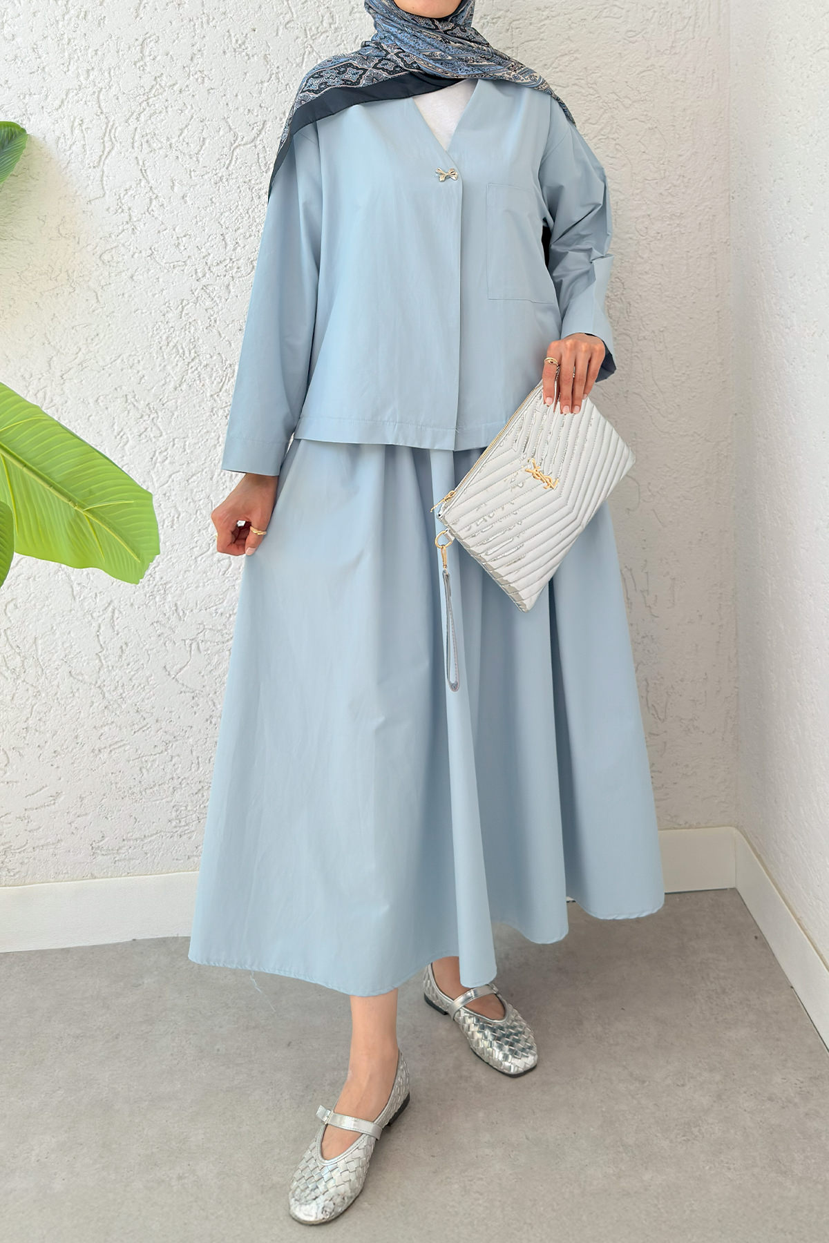 Broş Düğmeli Etekli Takım 2342 - BEBE MAVİSİ |  