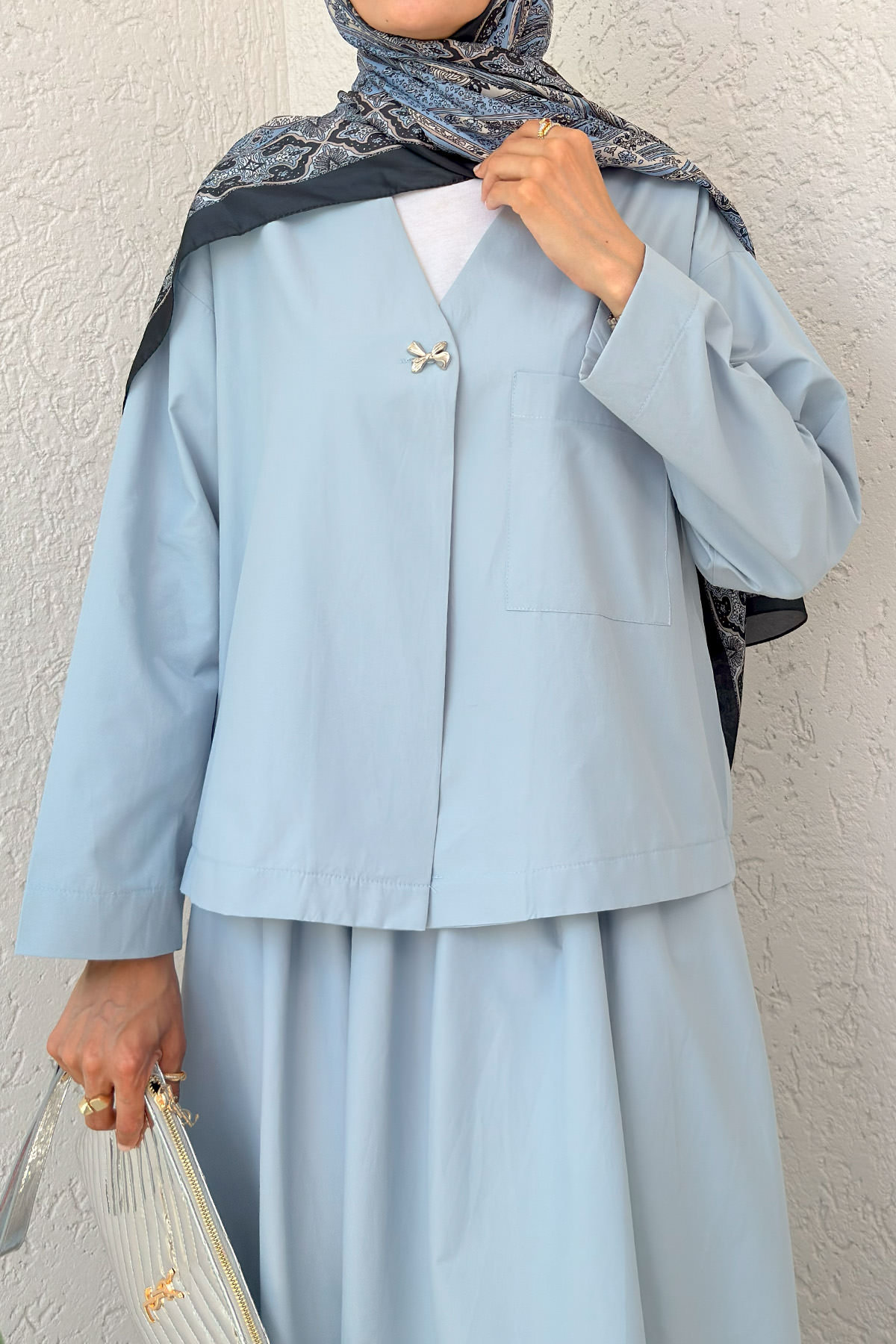 Broş Düğmeli Etekli Takım 2342 - BEBE MAVİSİ |  