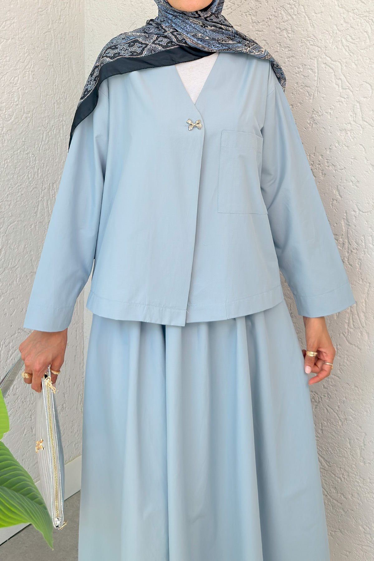 Broş Düğmeli Etekli Takım 2342 - BEBE MAVİSİ |  