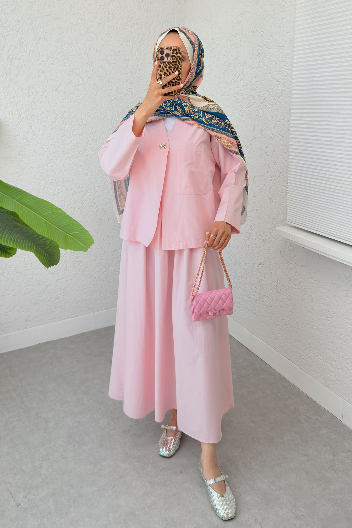 Broş Düğmeli Etekli Takım 2342 - PEMBE |  