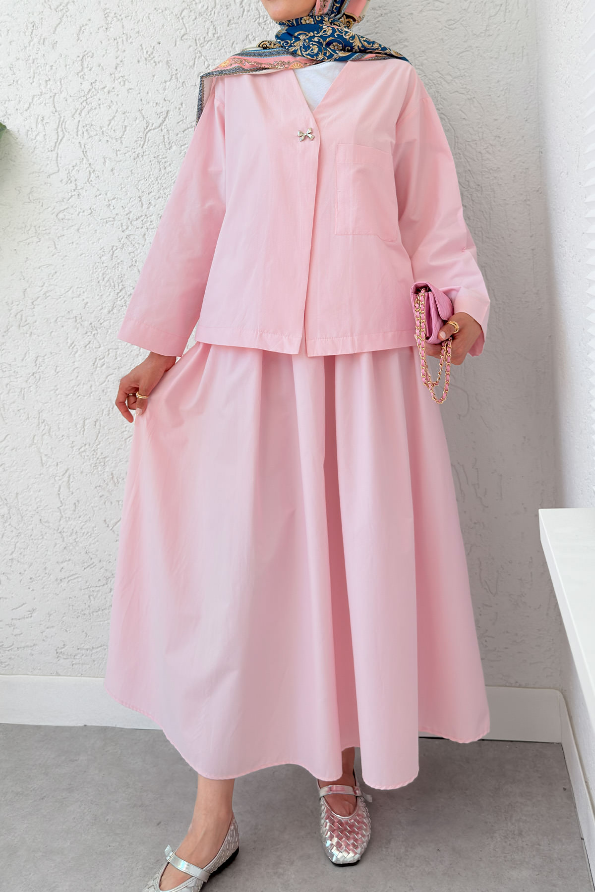 Broş Düğmeli Etekli Takım 2342 - PEMBE |  