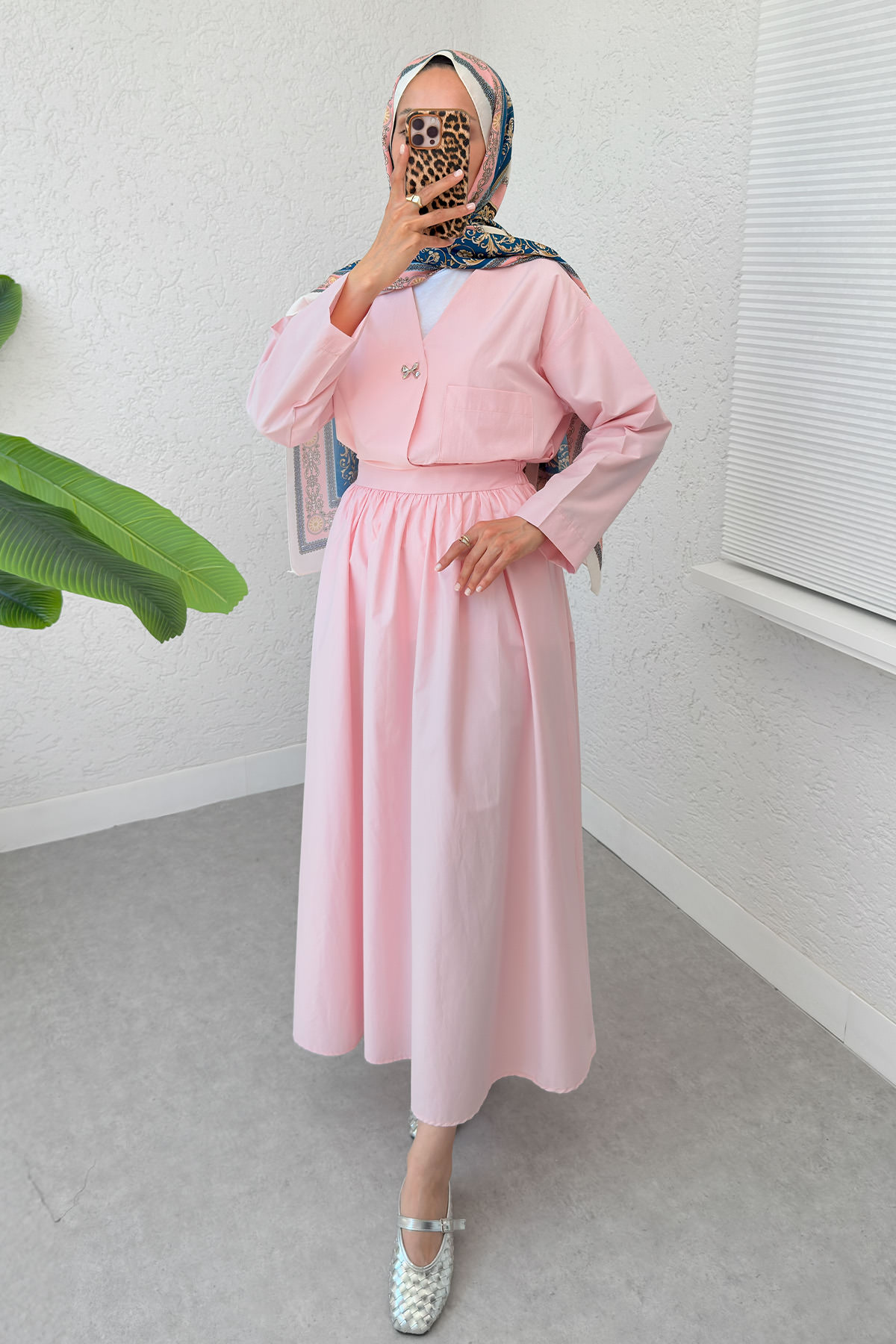 Broş Düğmeli Etekli Takım 2342 - PEMBE |  