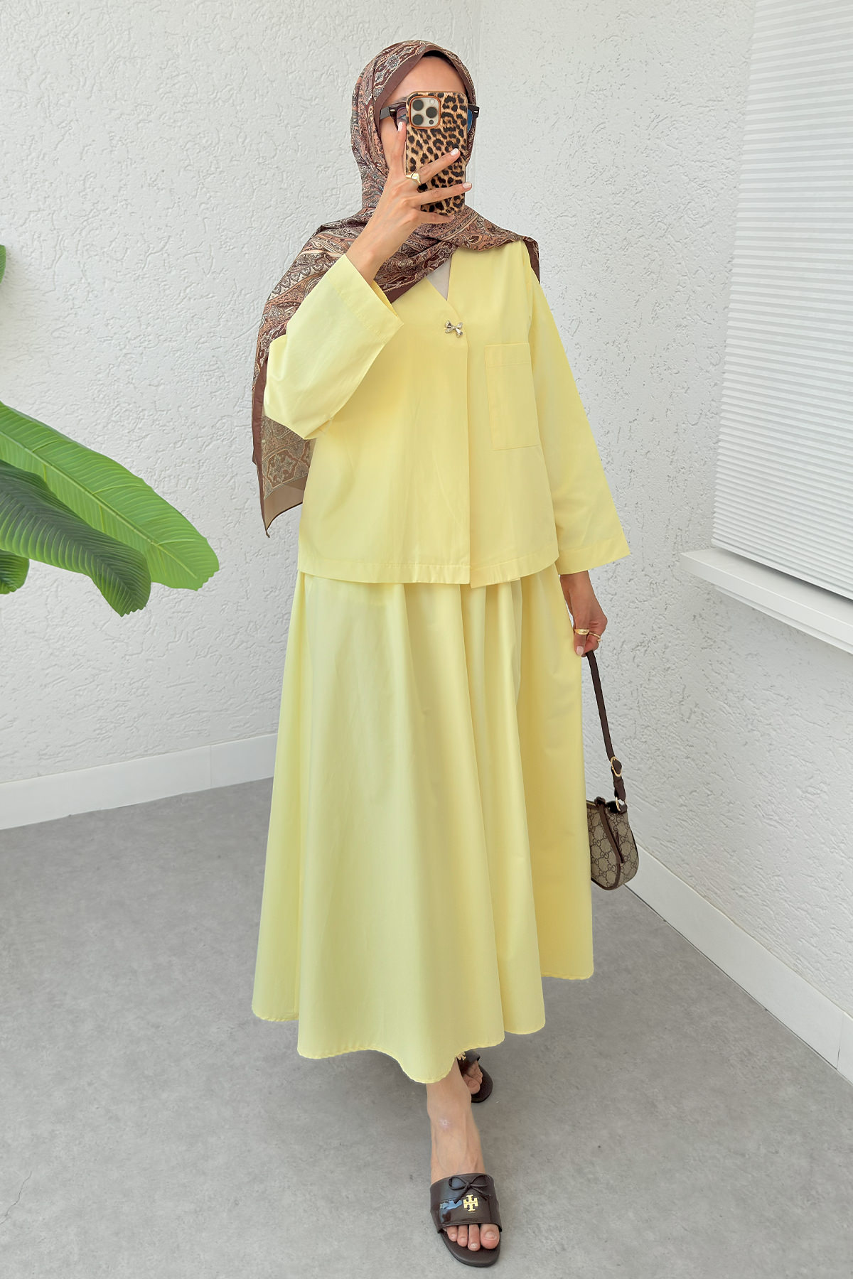 Broş Düğmeli Etekli Takım 2342 - SARI |  