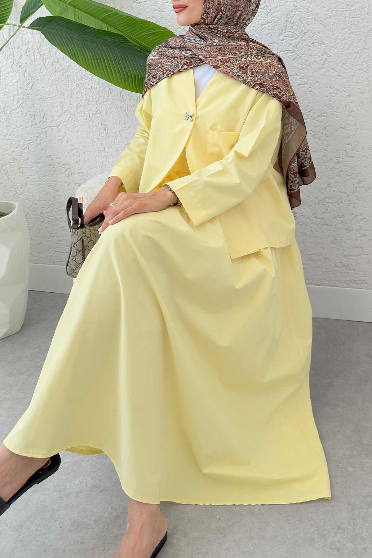 Broş Düğmeli Etekli Takım 2342 - SARI |  