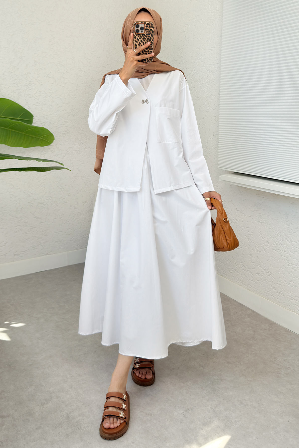 Broş Düğmeli Etekli Takım 2342 - BEYAZ |  
