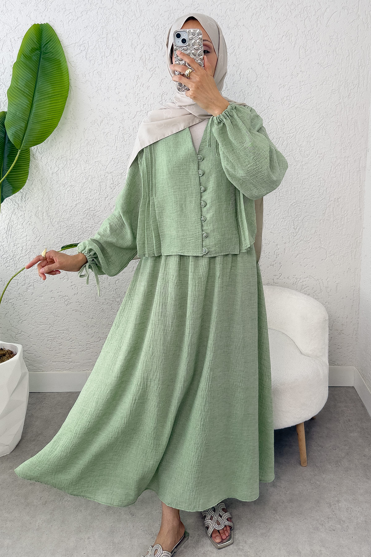 Nervür Detaylı Kombin 2291 - MİNT YEŞİLİ |  