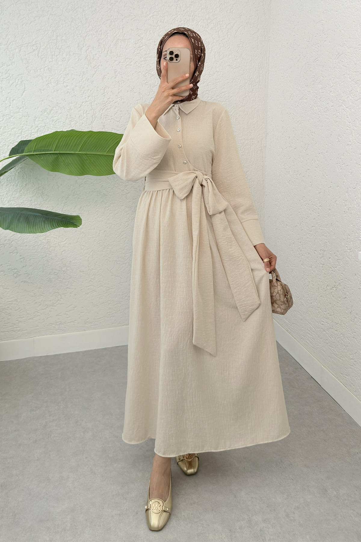 Kuşaklı Çapraz Yaka Elbise 2304 - BEJ |  