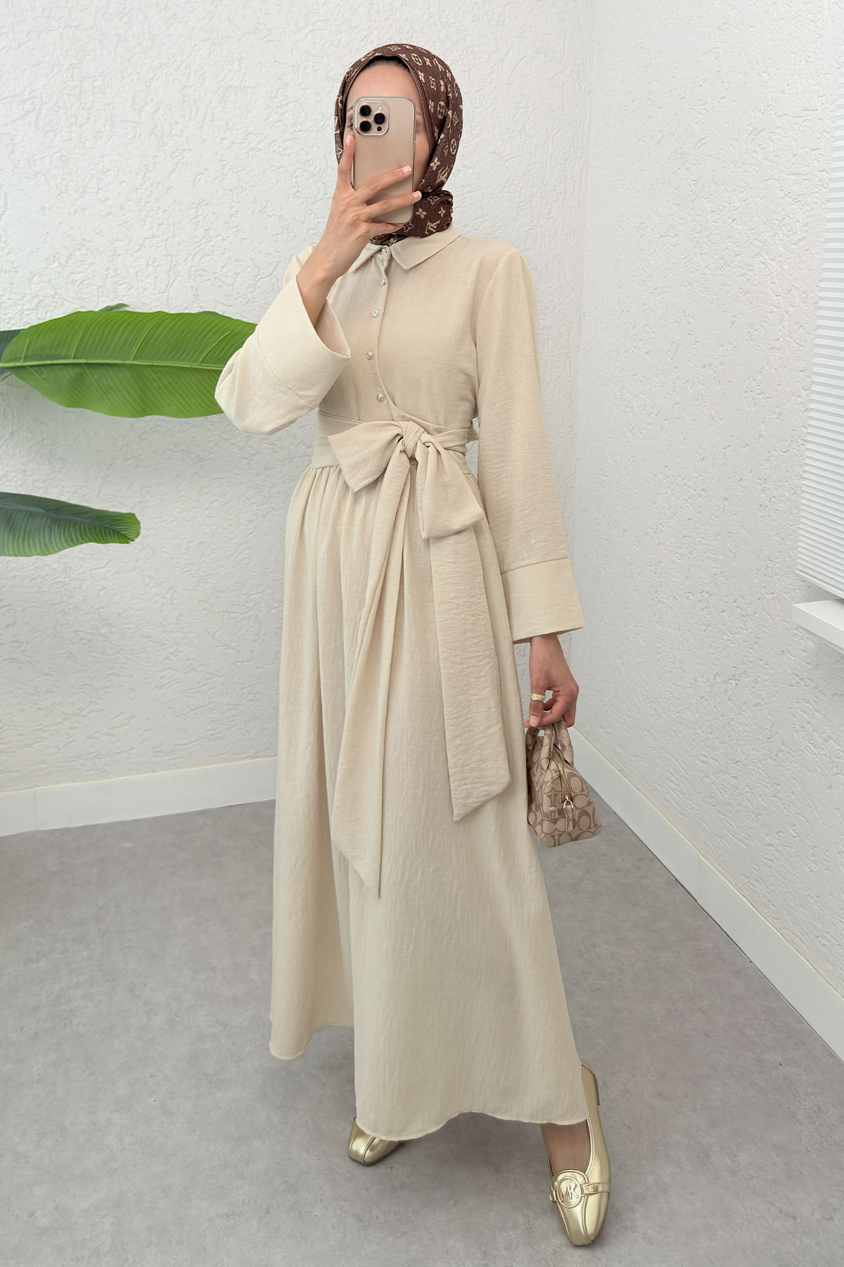 Kuşaklı Çapraz Yaka Elbise 2304 - BEJ |  